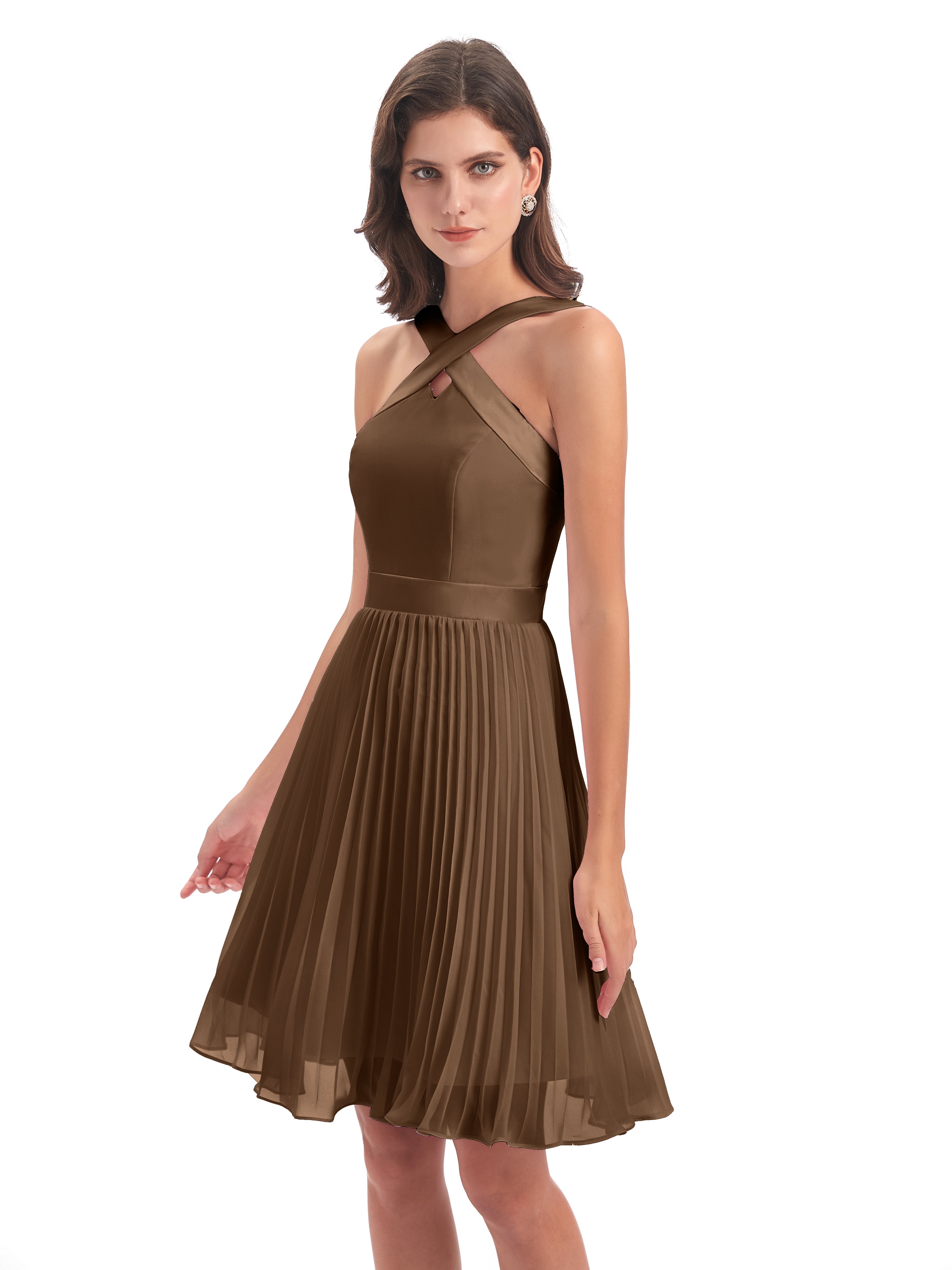Robe Demoiselle D Honneur Brun Longueur Genou Plis Bretelles Robes Demoiselle D'Honneur