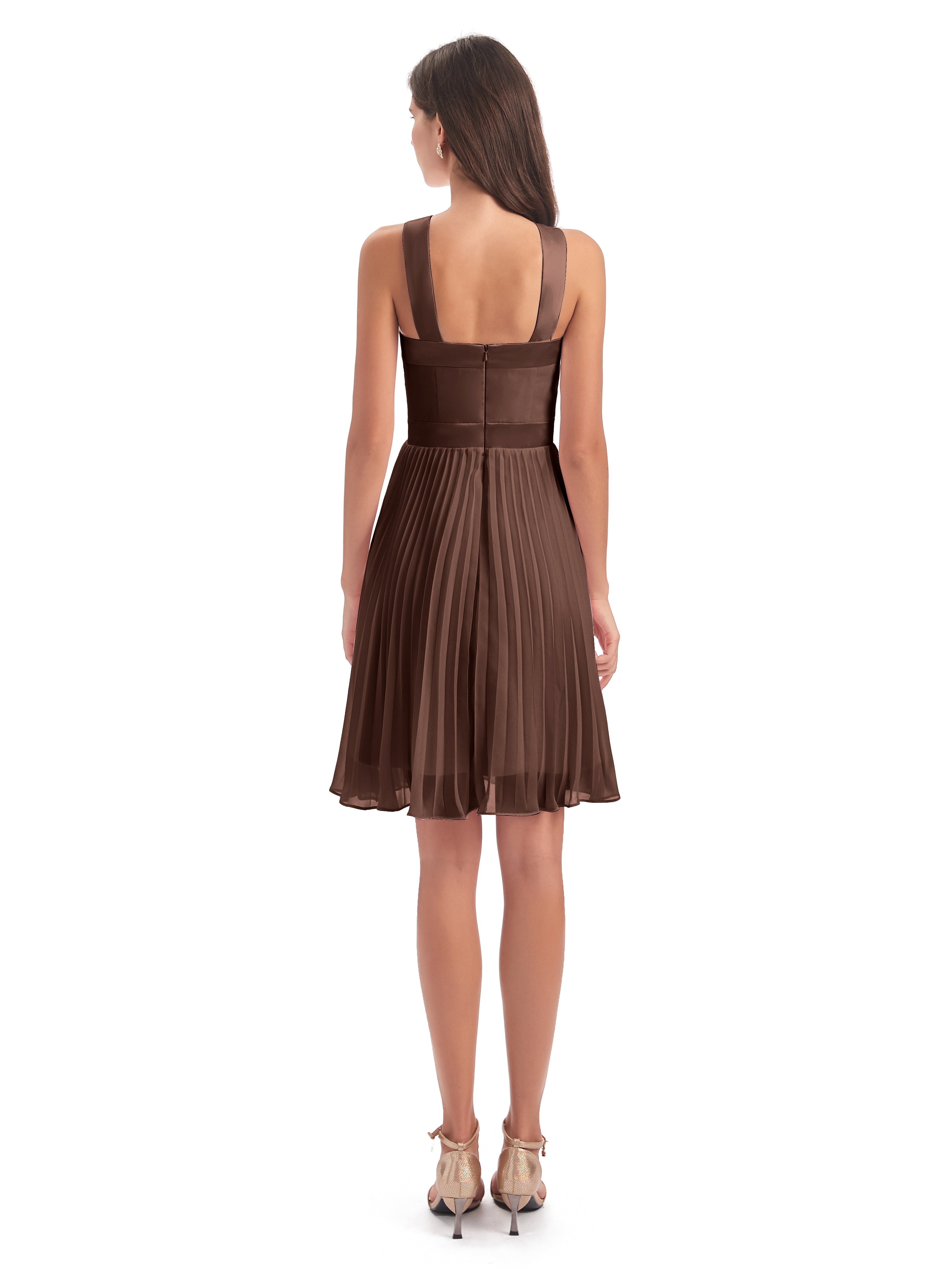 Robe Chocolat Demoiselle D Honneur Longueur Genou Plis Bretelles Robes Demoiselle D'Honneur