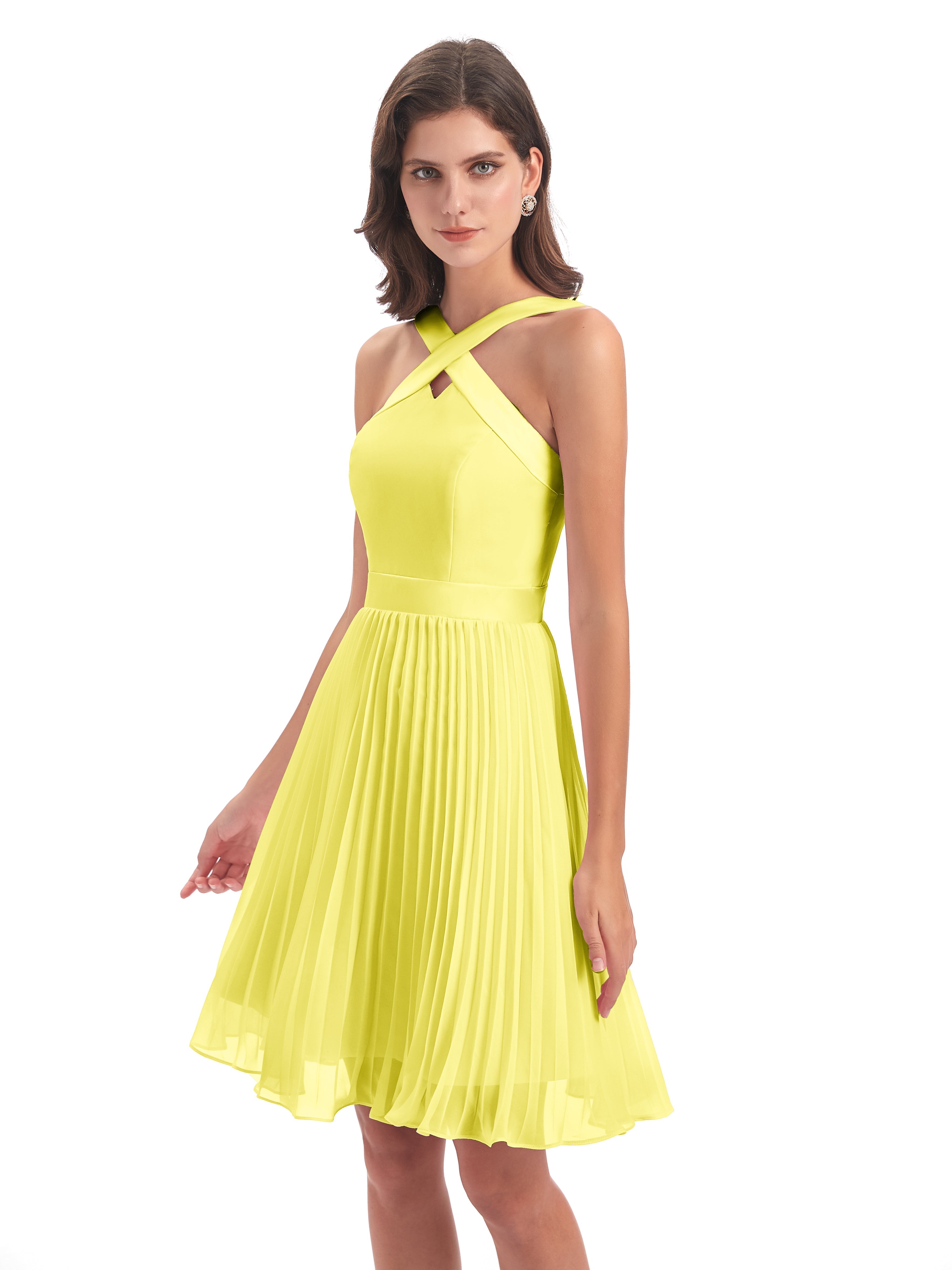 Robes De Demoiselle D'Honneur Citron Longueur Genou Plis Bretelles Robes Demoiselle D'Honneur