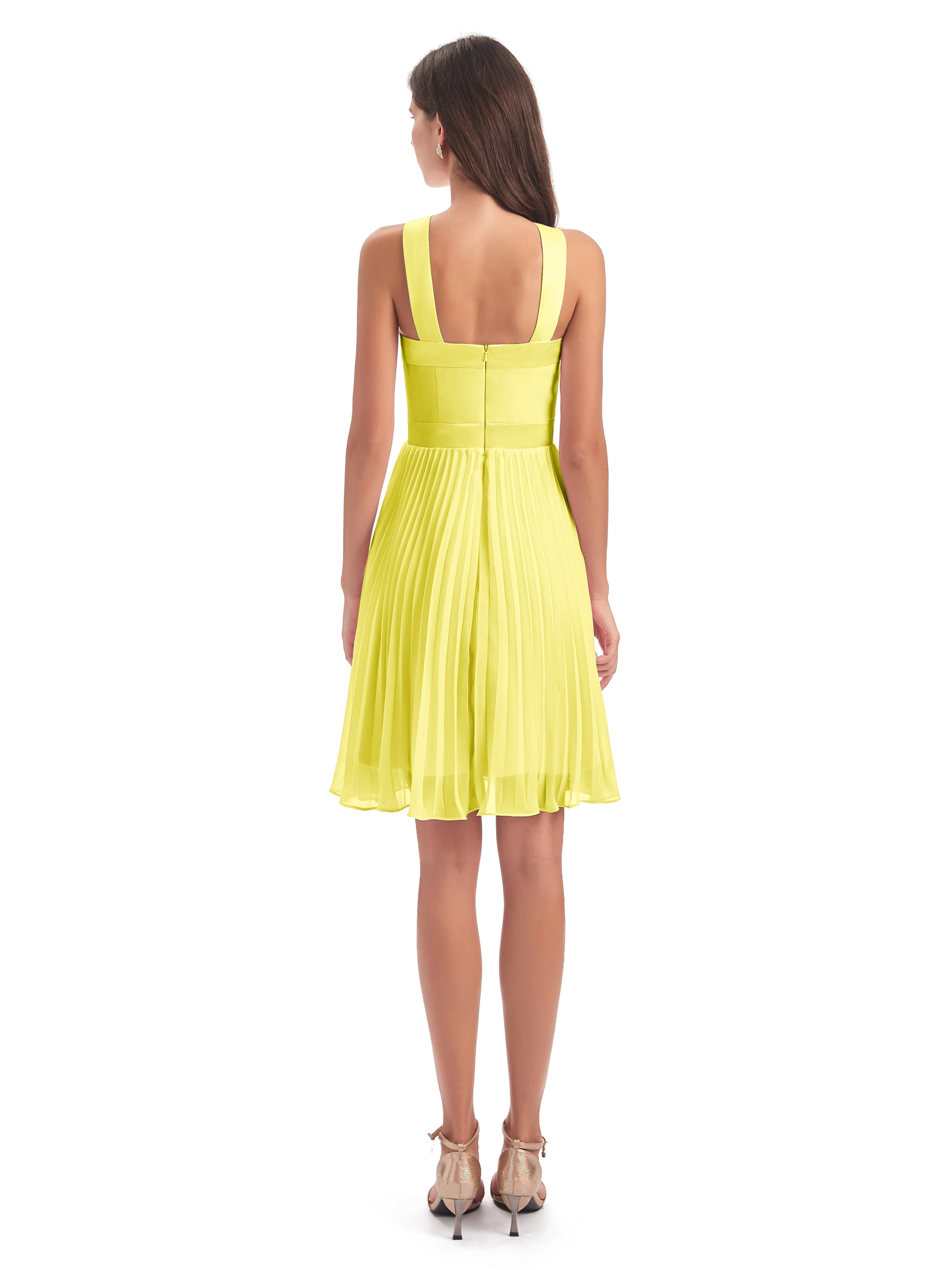 Robes De Demoiselle D'Honneur Citron Longueur Genou Plis Bretelles Robes Demoiselle D'Honneur