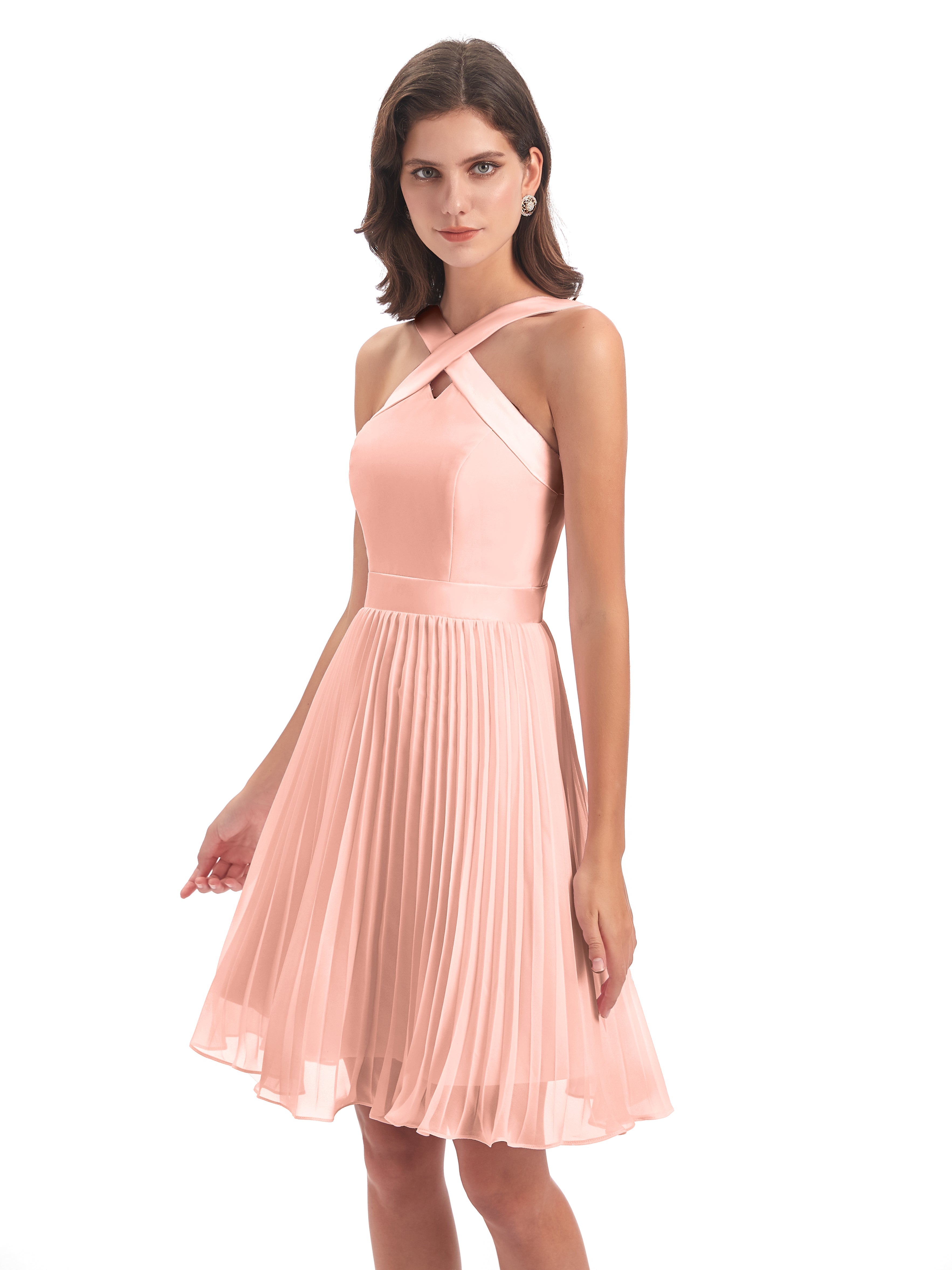 Robes De Demoiselle D'Honneur Corail Courtes Longueur Genou Plis Bretelles Robes Demoiselle D'Honneur