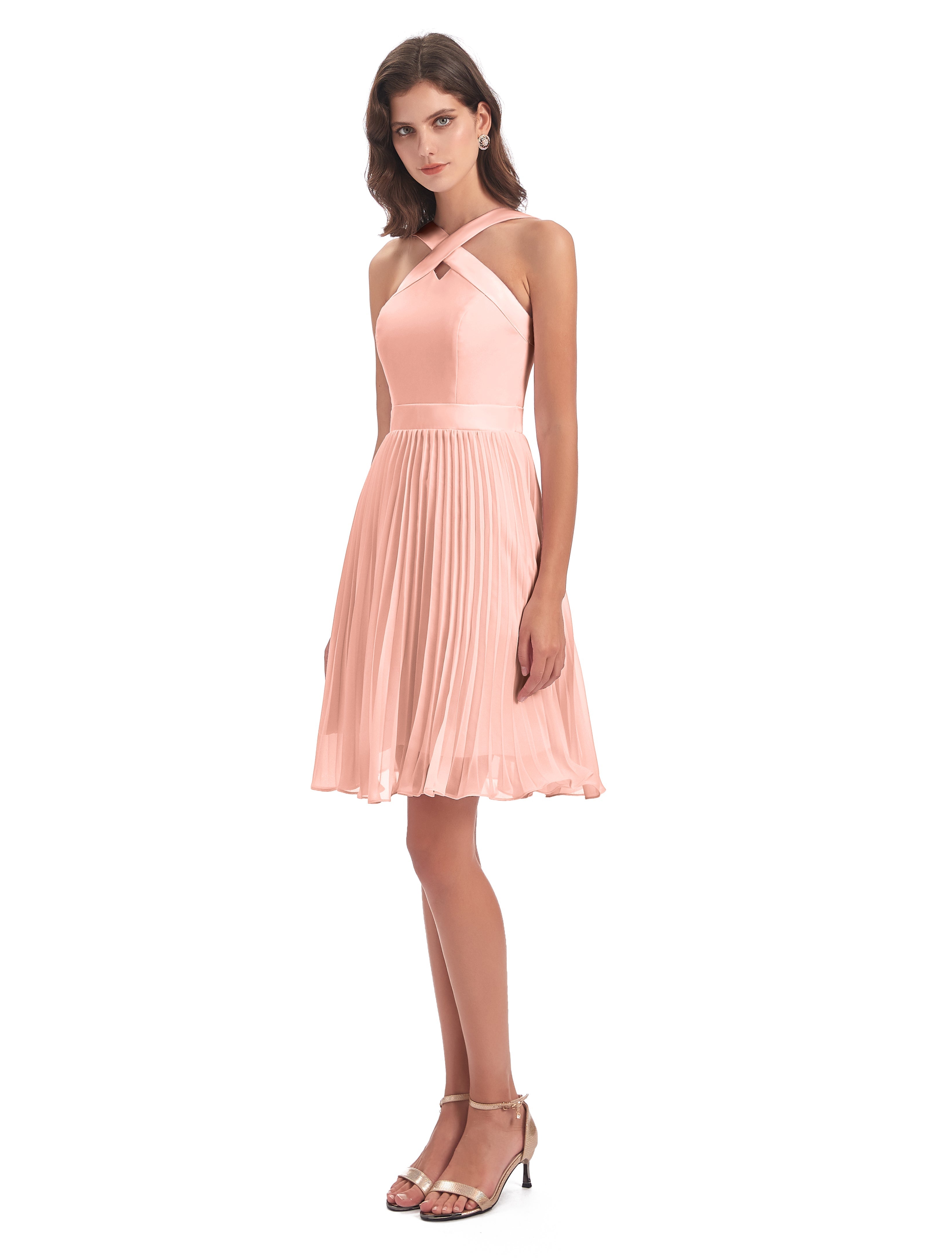 Robes De Demoiselle D'Honneur Corail Courtes Longueur Genou Plis Bretelles Robes Demoiselle D'Honneur