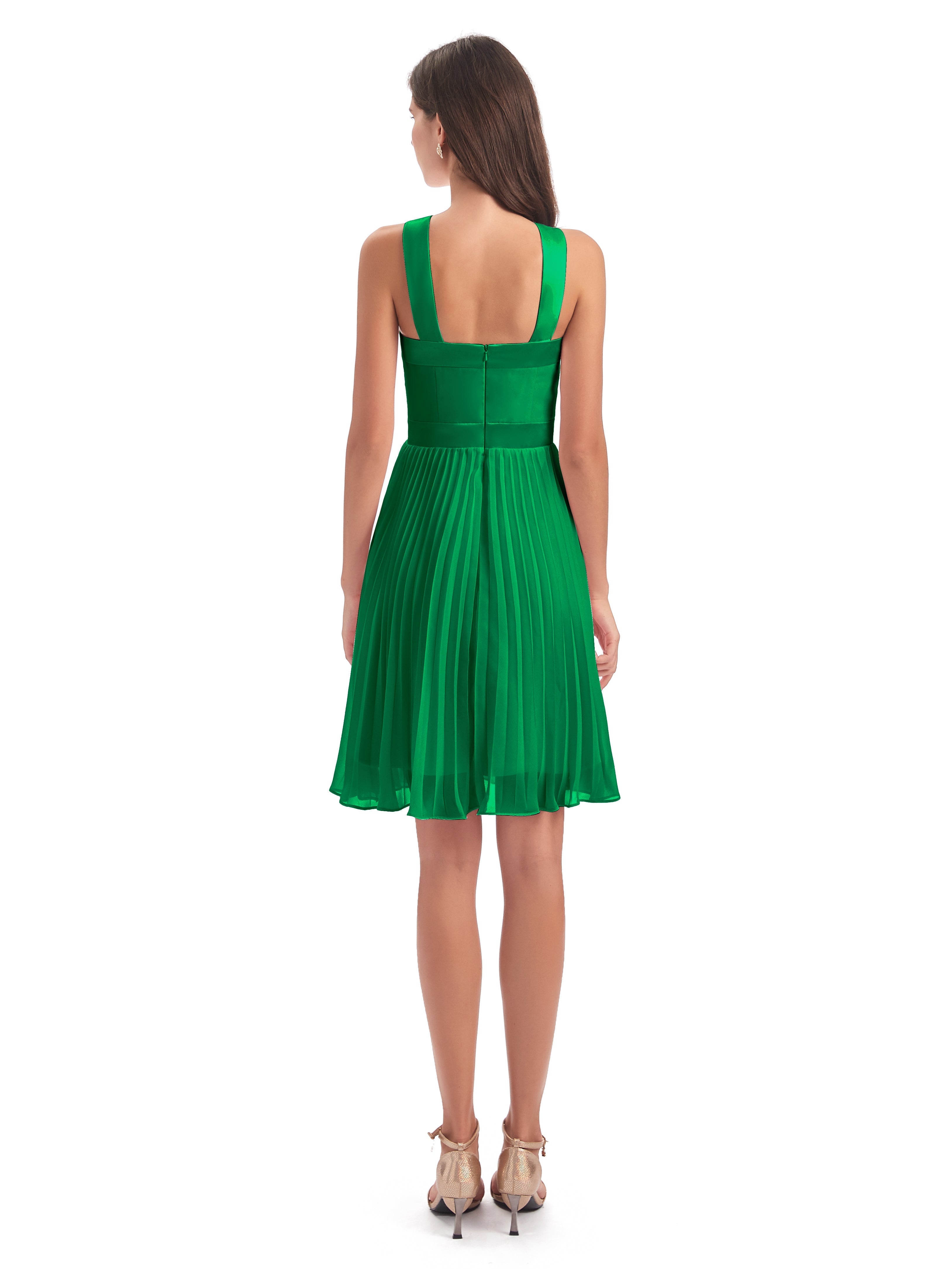 Robes De Demoiselle D'Honneur Vert Émeraude Foncé Longueur Genou Plis Bretelles Robes Demoiselle D'Honneur