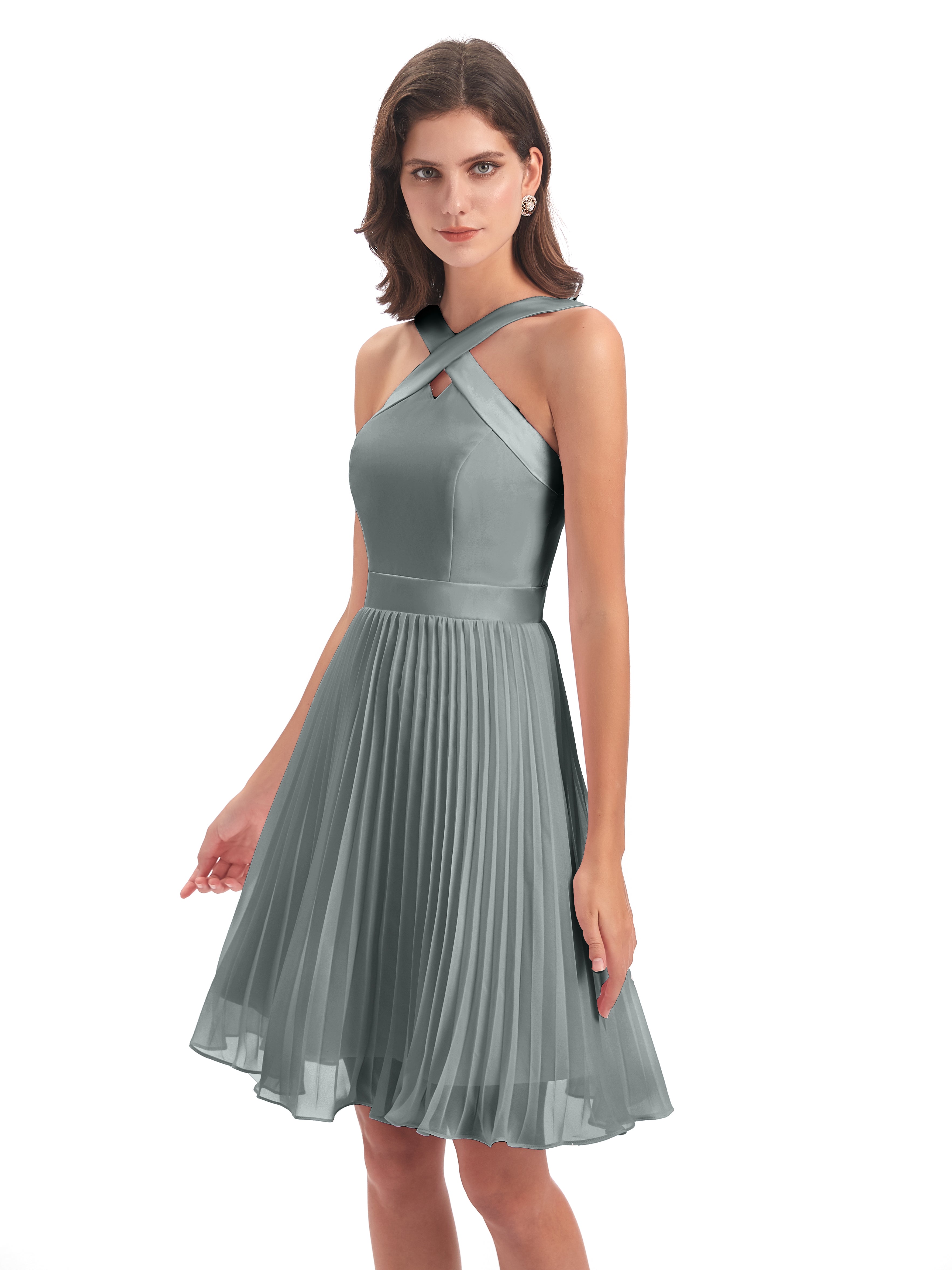 Robe Demoiselle D Honneur Grise Longueur Genou Plis Bretelles Robes Demoiselle D'Honneur