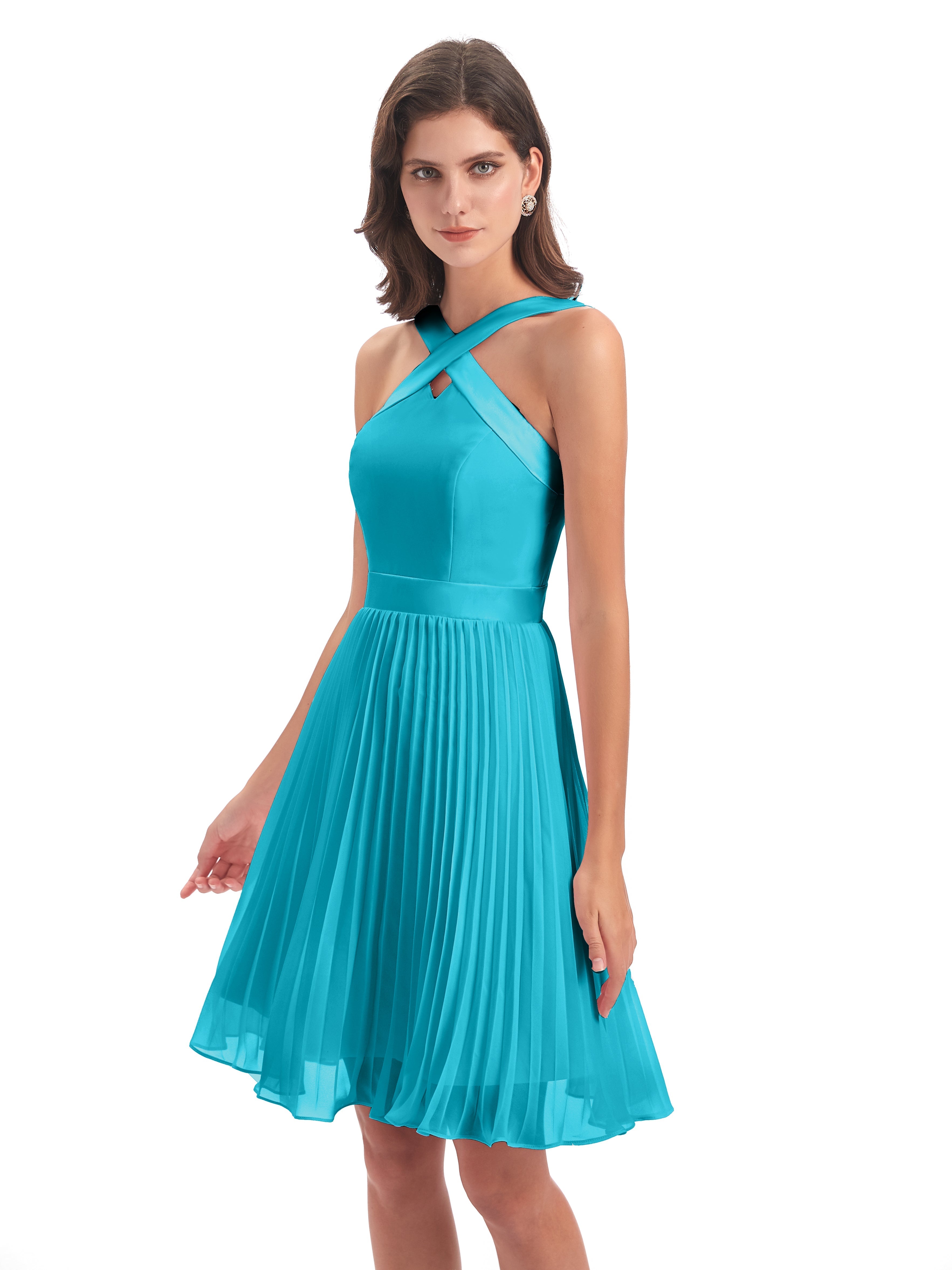 Robes De Demoiselle D'Honneur Vert Jade Longueur Genou Plis Bretelles Robes Demoiselle D'Honneur