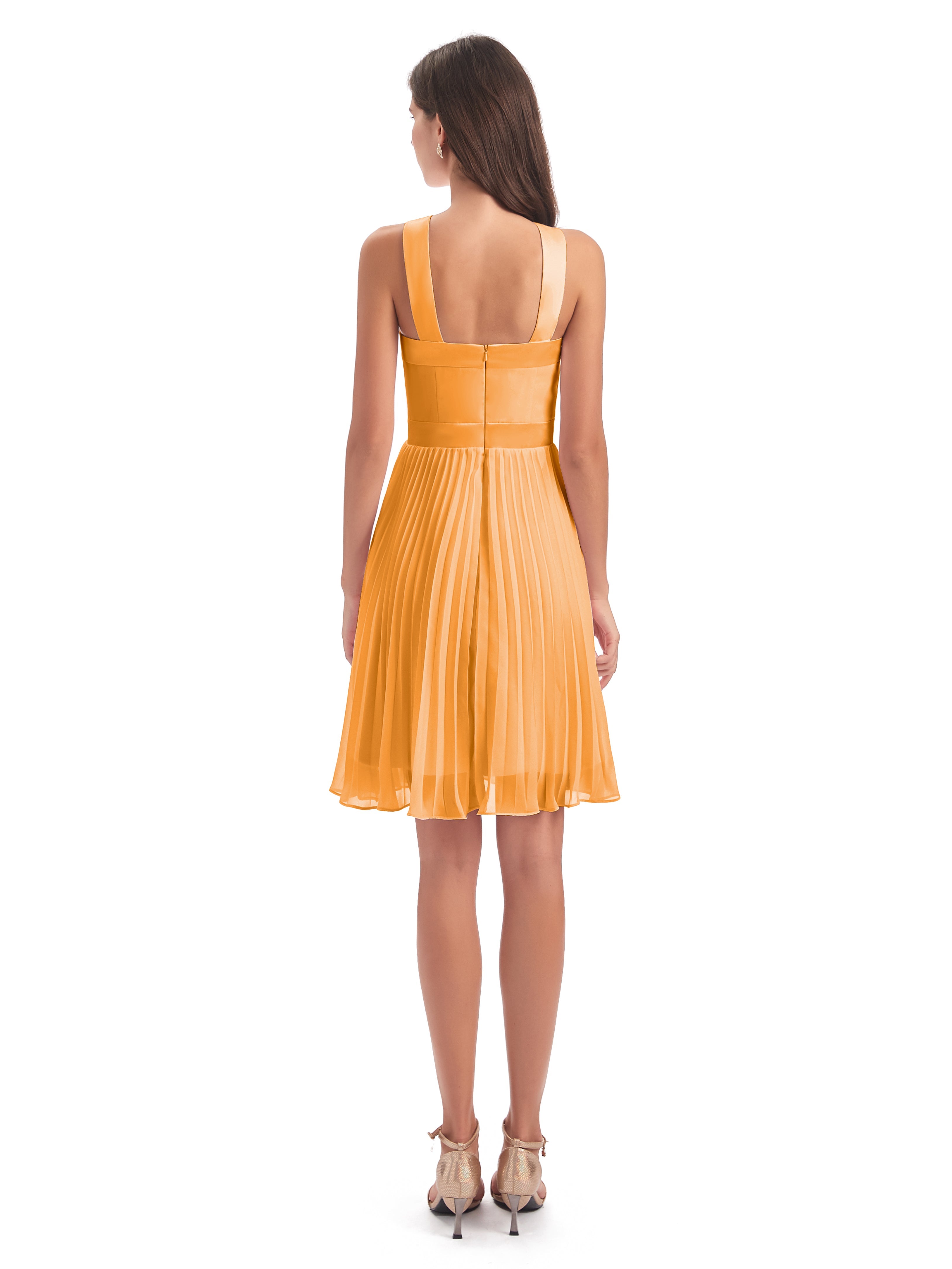 Robes De Demoiselle D'Honneur Mandarine Longueur Genou Plis Bretelles Robes Demoiselle D'Honneur
