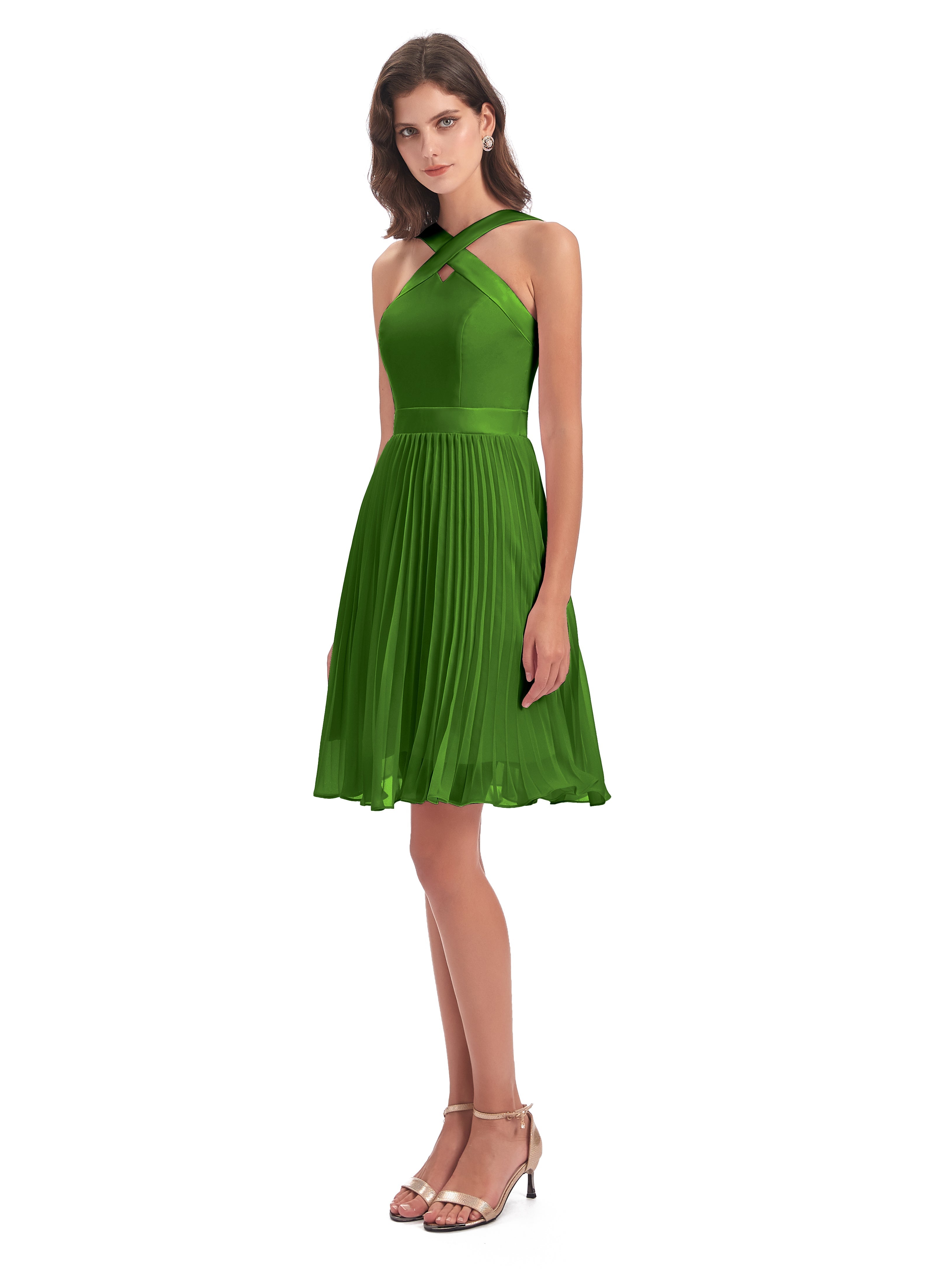 Robes De Demoiselle D'Honneur Vert Mousse Longueur Genou Plis Bretelles Robes Demoiselle D'Honneur