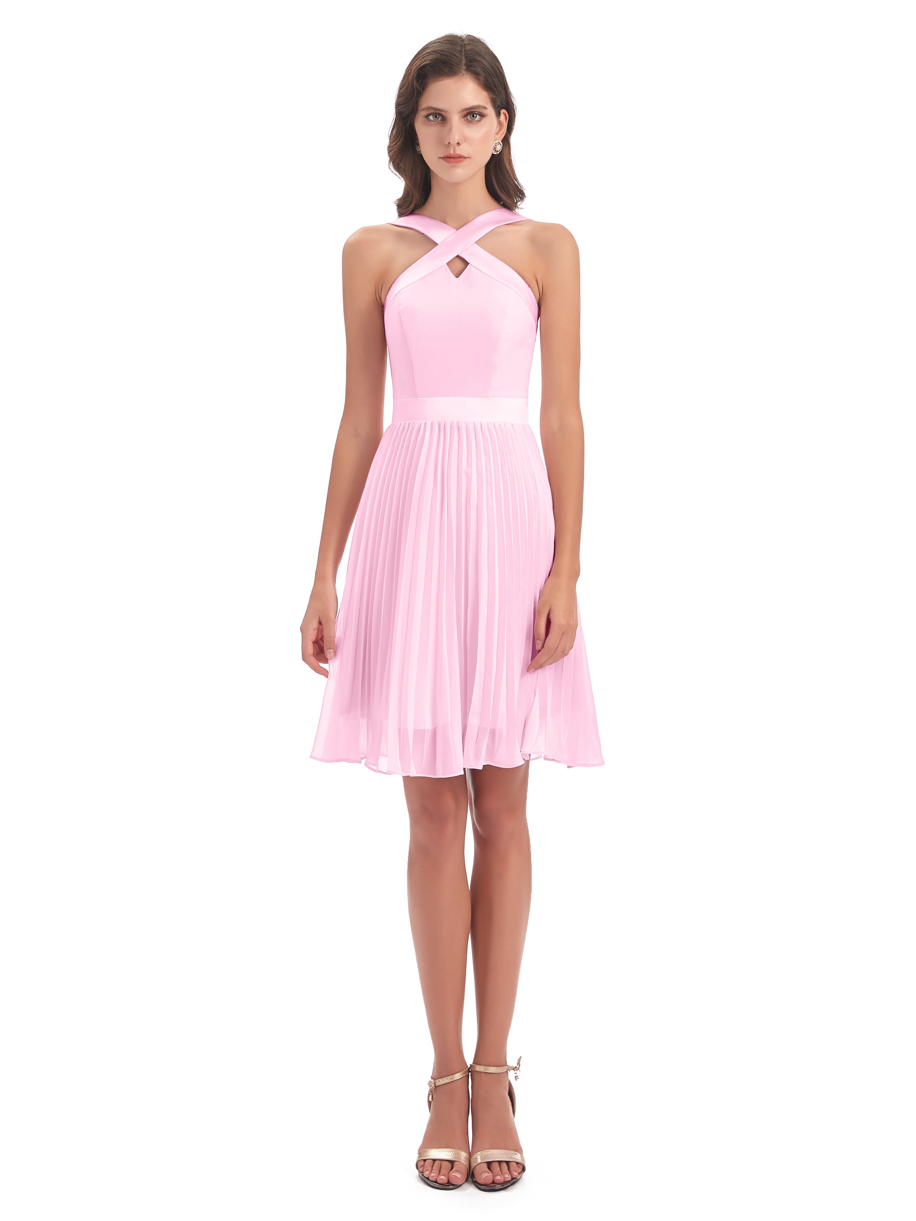 Robe Demoiselle D Honneur Rose Bonbon Longueur Genou Plis Bretelles Robes Demoiselle D'Honneur