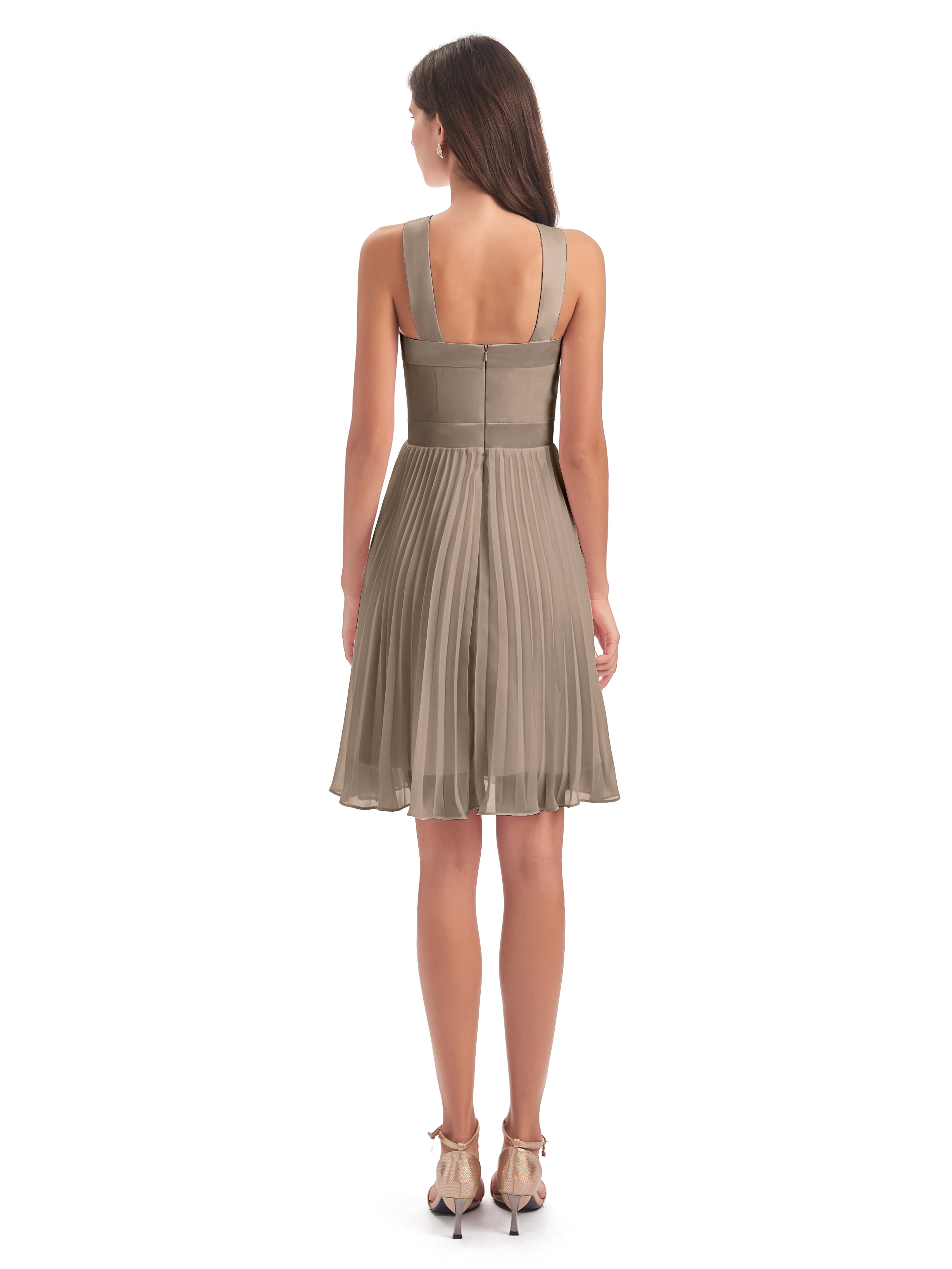 Couleur Taupe Robe Longueur Genou Plis Bretelles Robes Demoiselle D'Honneur
