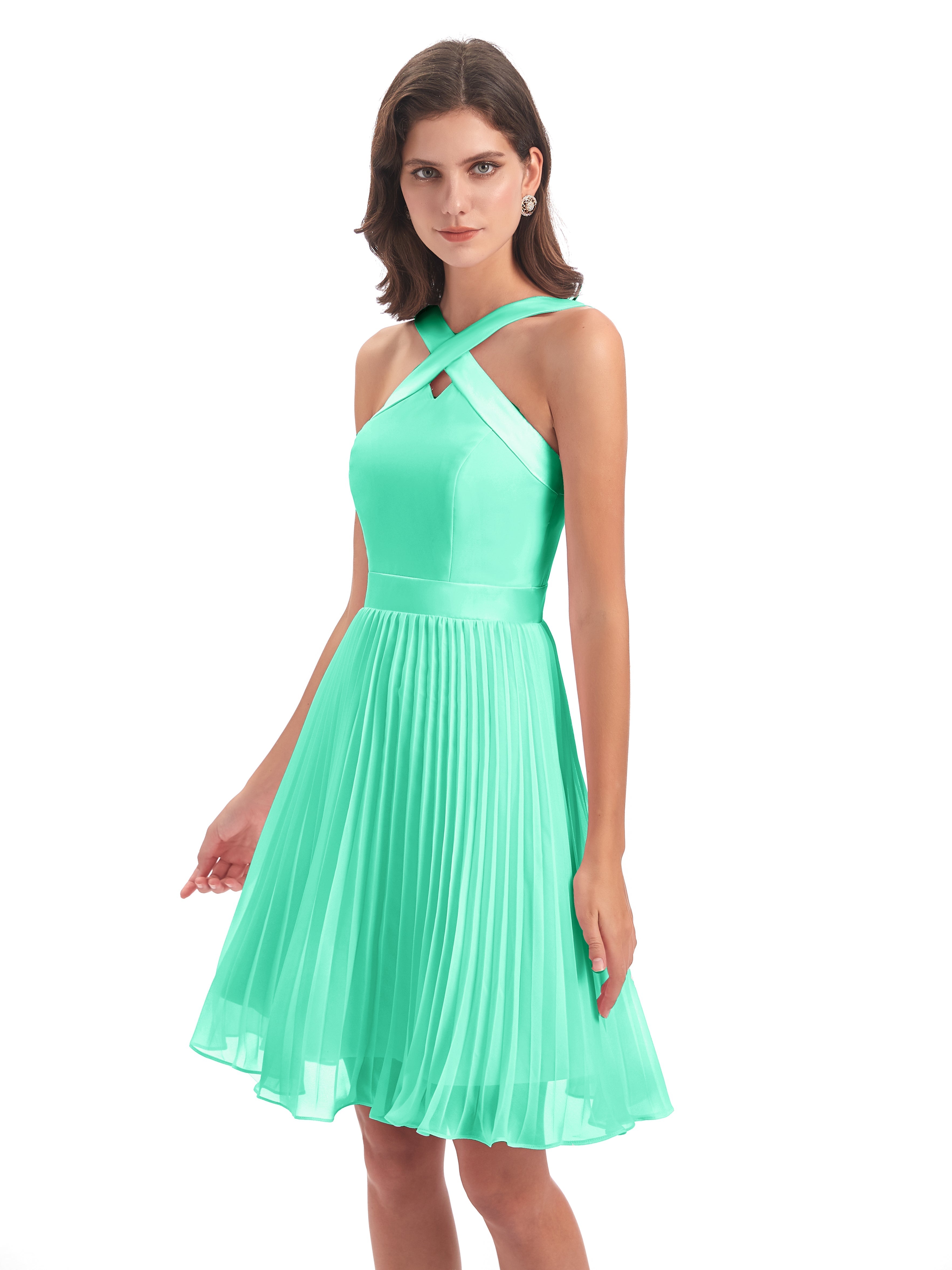 Robes De Demoiselle D'Honneur Turquoise Longueur Genou Plis Bretelles Robes Demoiselle D'Honneur