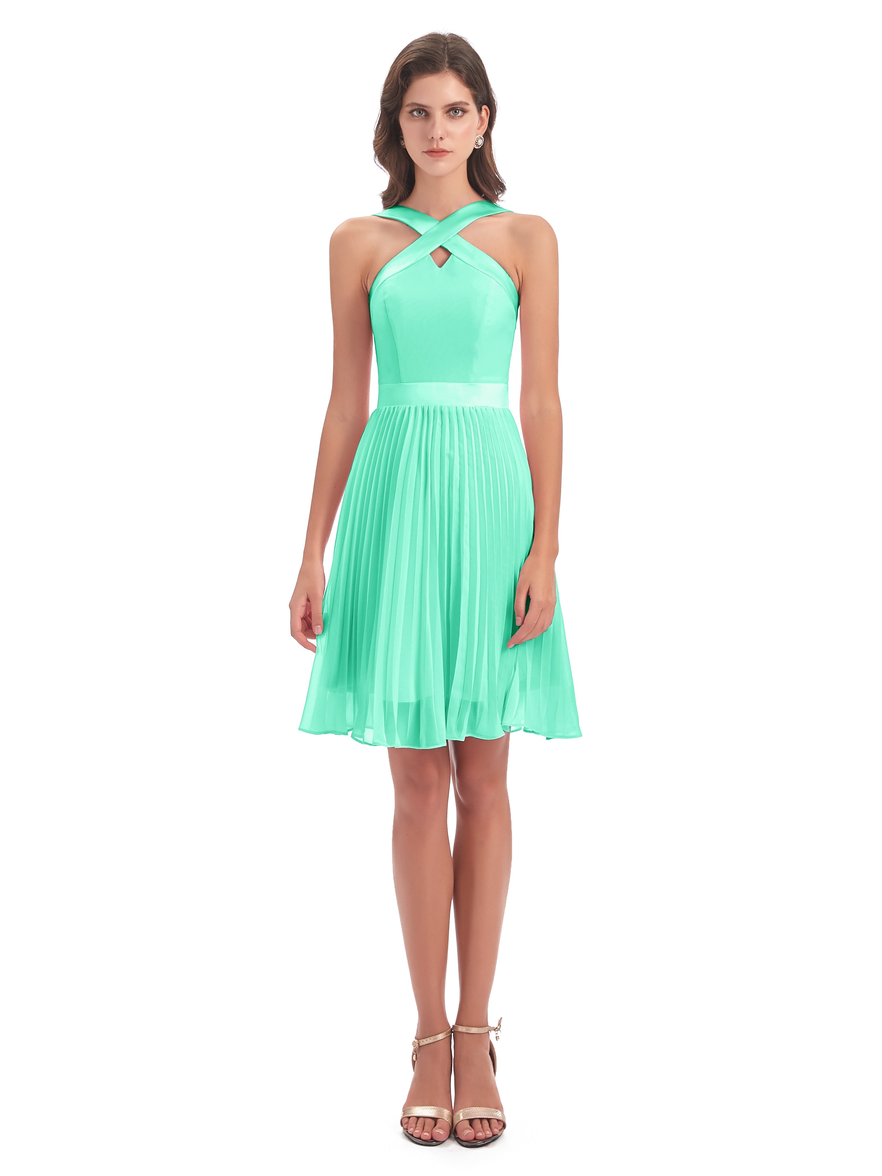 Robes De Demoiselle D'Honneur Turquoise Longueur Genou Plis Bretelles Robes Demoiselle D'Honneur
