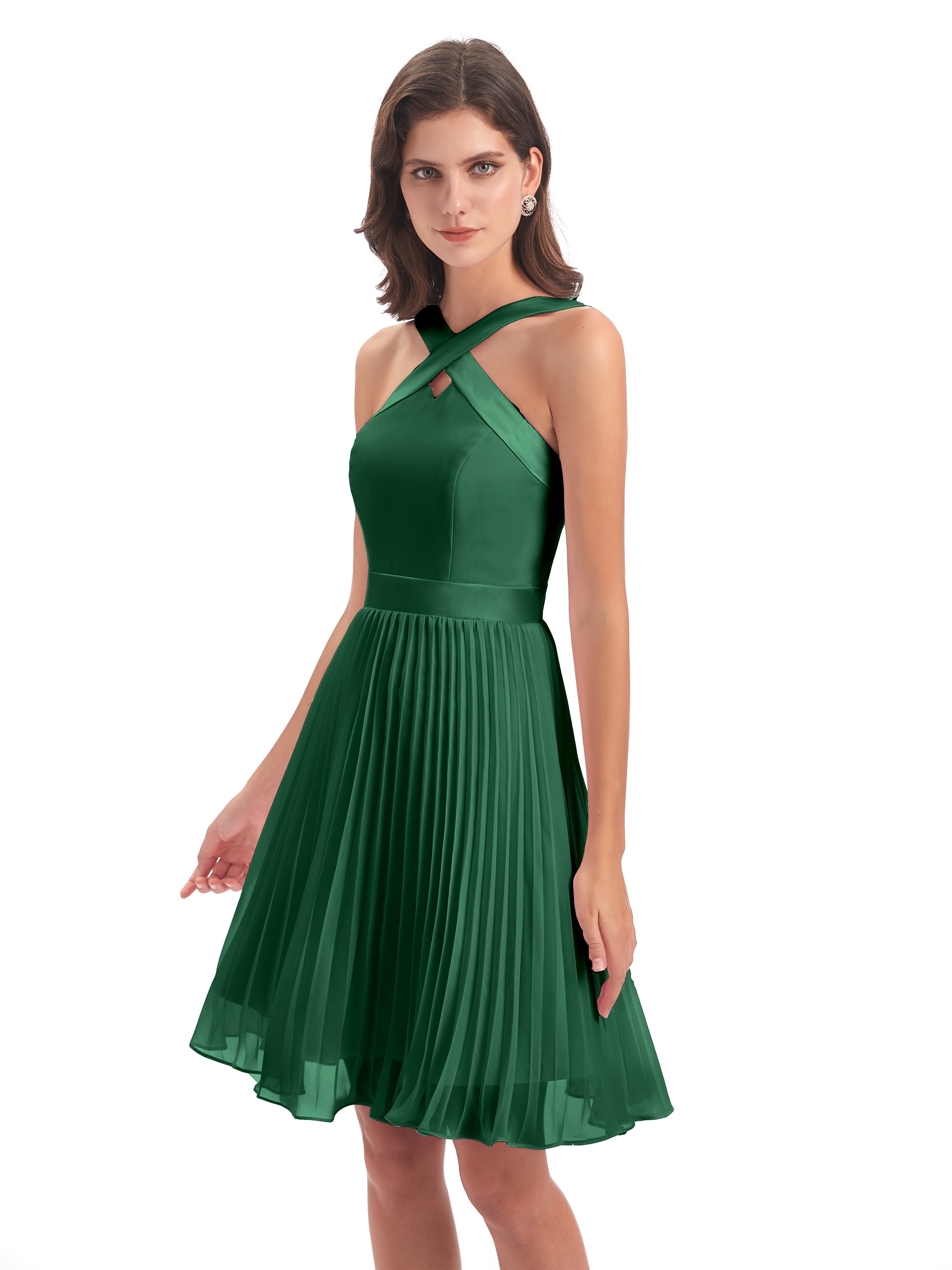Robes De Demoiselle D'Honneur Vert Foncé Longueur Genou Plis Bretelles Robes Demoiselle D'Honneur