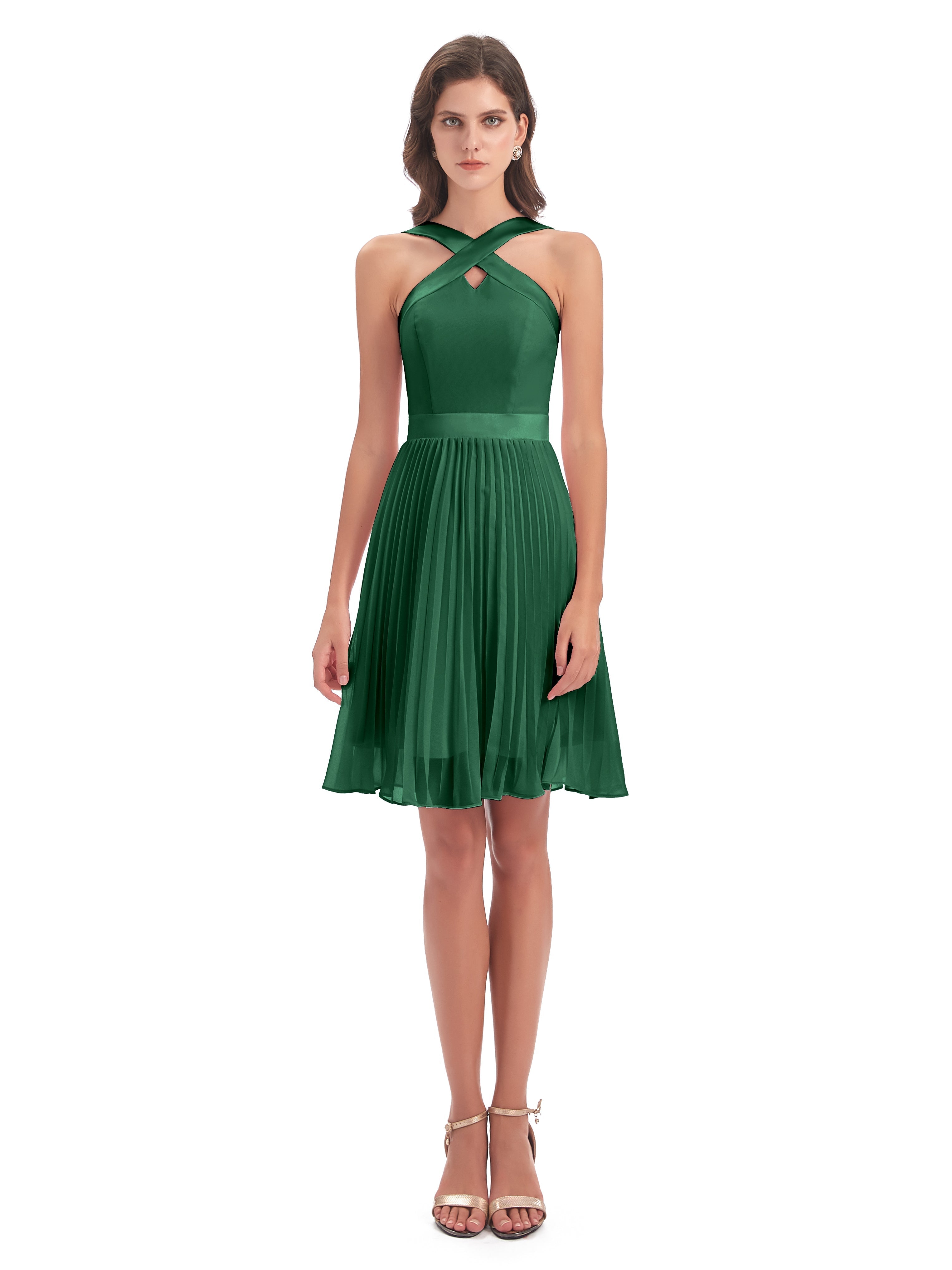 Robes De Demoiselle D'Honneur Vert Foncé Longueur Genou Plis Bretelles Robes Demoiselle D'Honneur