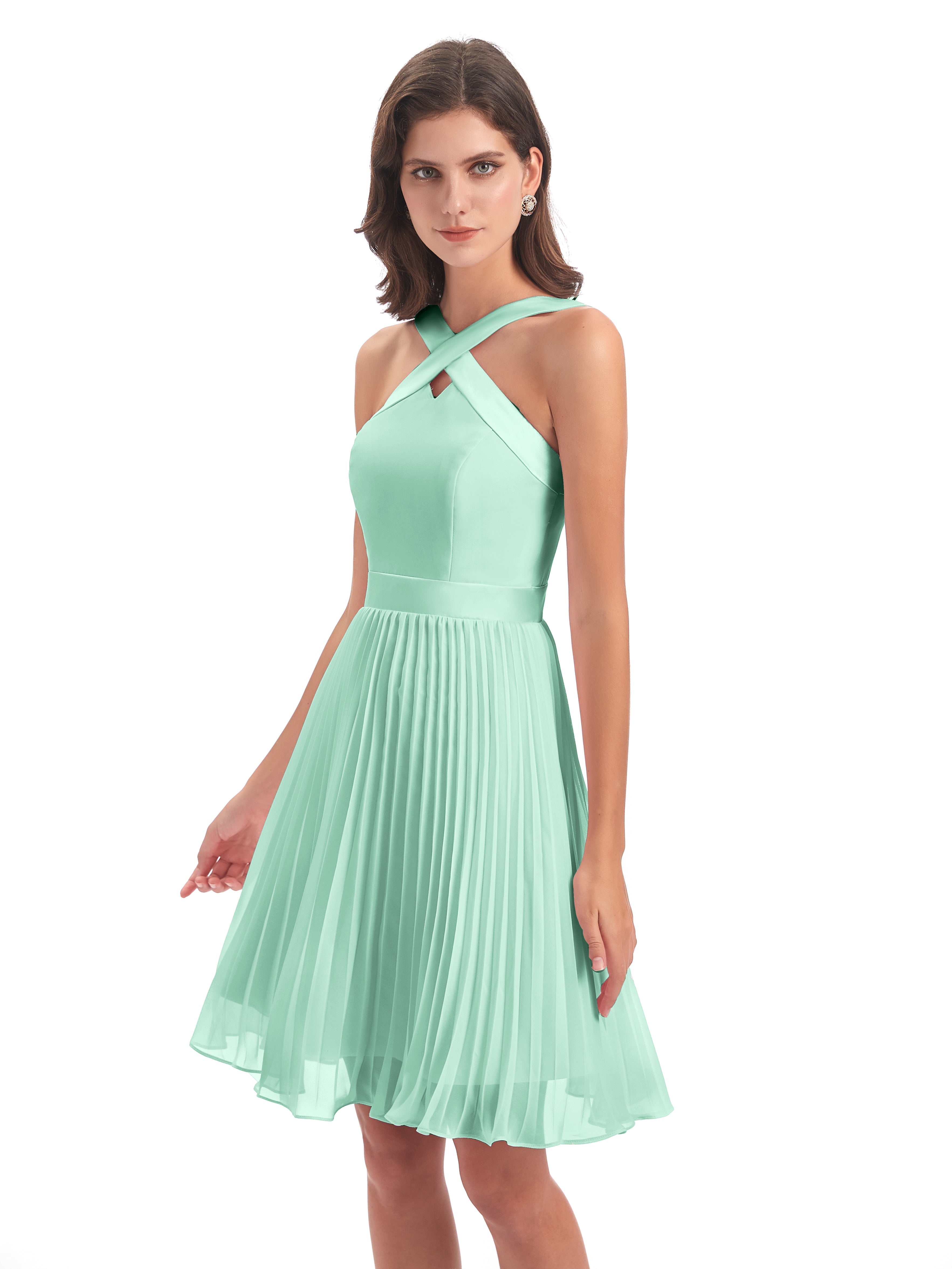 Robe Demoiselle D Honneur Vert Menthe Longueur Genou Plis Bretelles Robes Demoiselle D'Honneur
