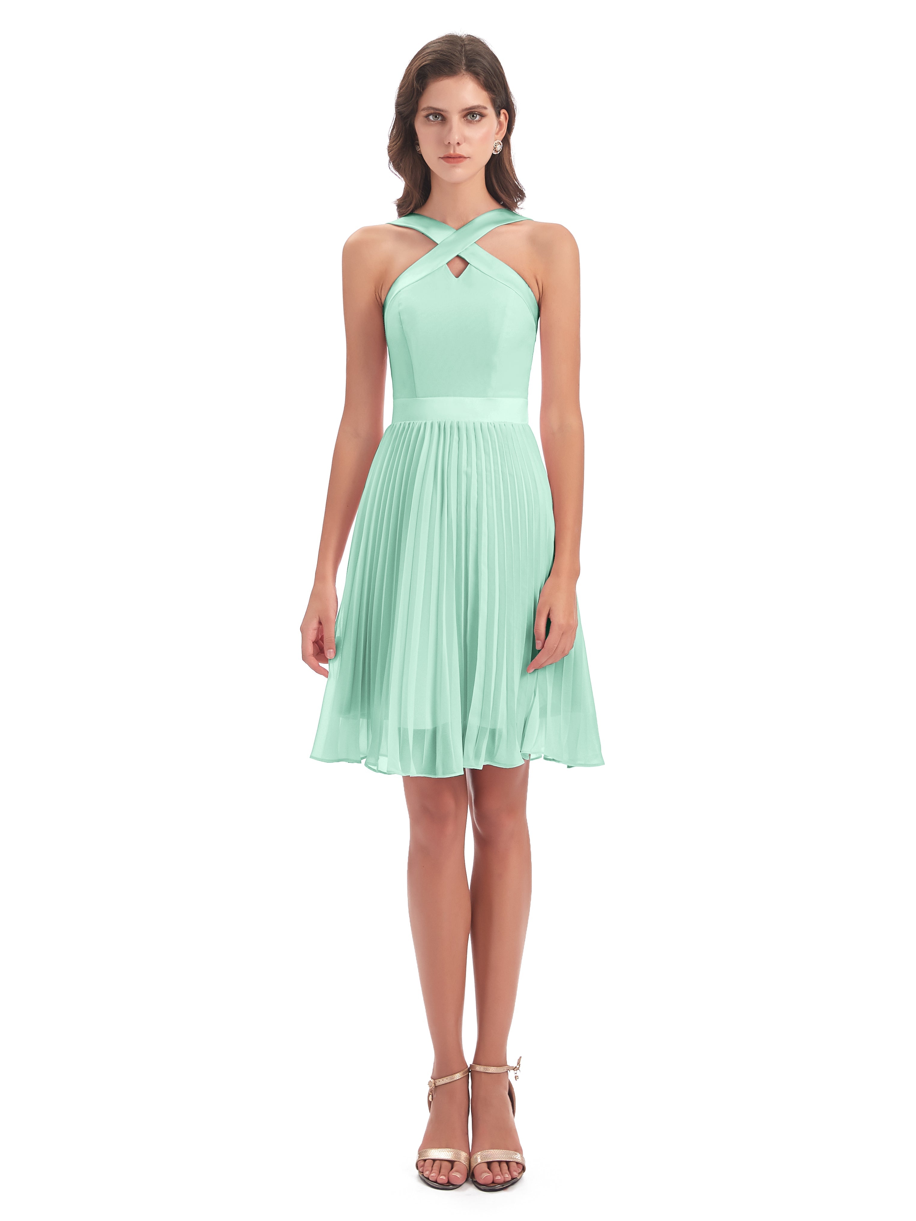 Robe Demoiselle D Honneur Vert Menthe Longueur Genou Plis Bretelles Robes Demoiselle D'Honneur