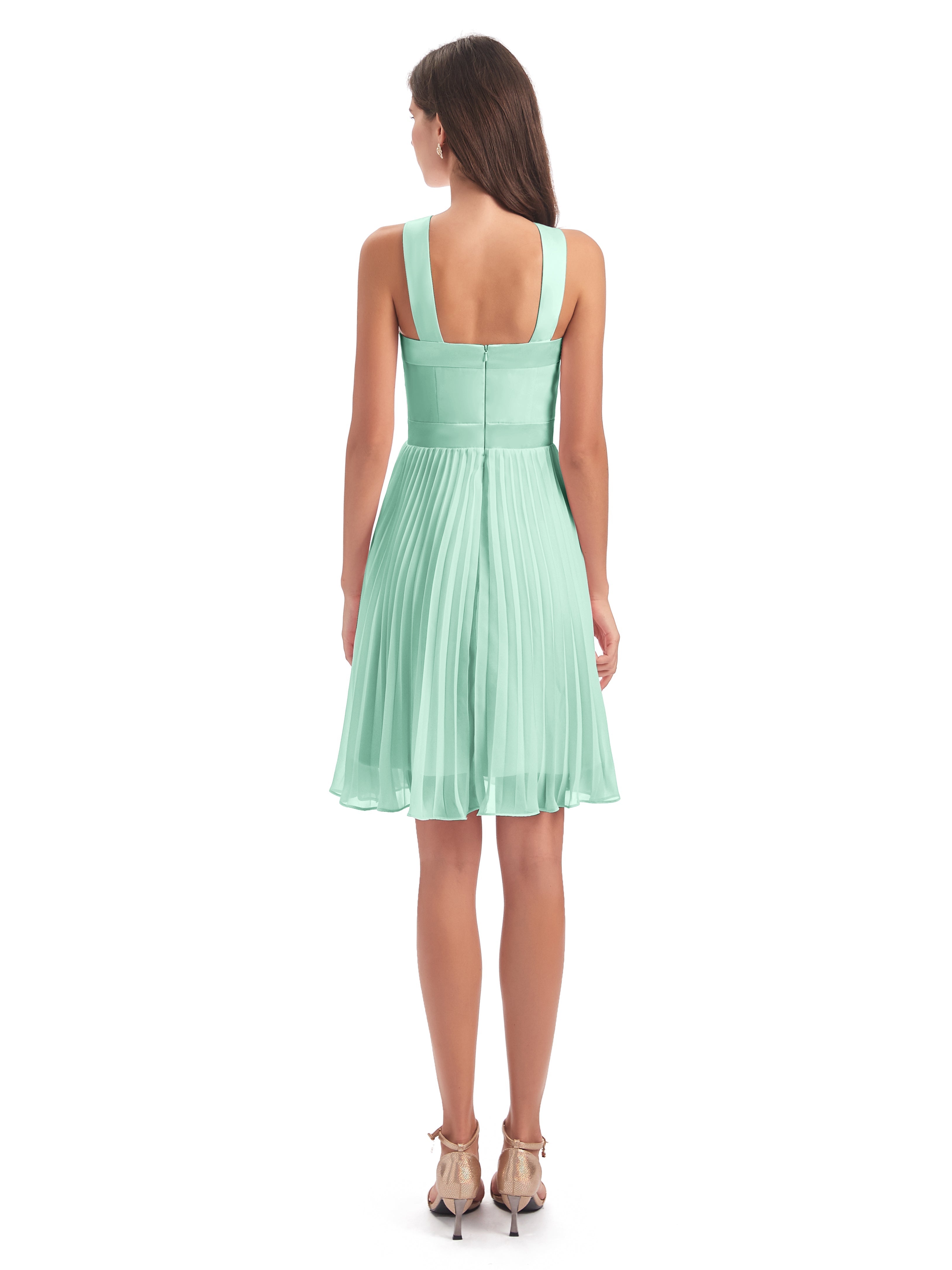 Robe Demoiselle D Honneur Vert Menthe Longueur Genou Plis Bretelles Robes Demoiselle D'Honneur