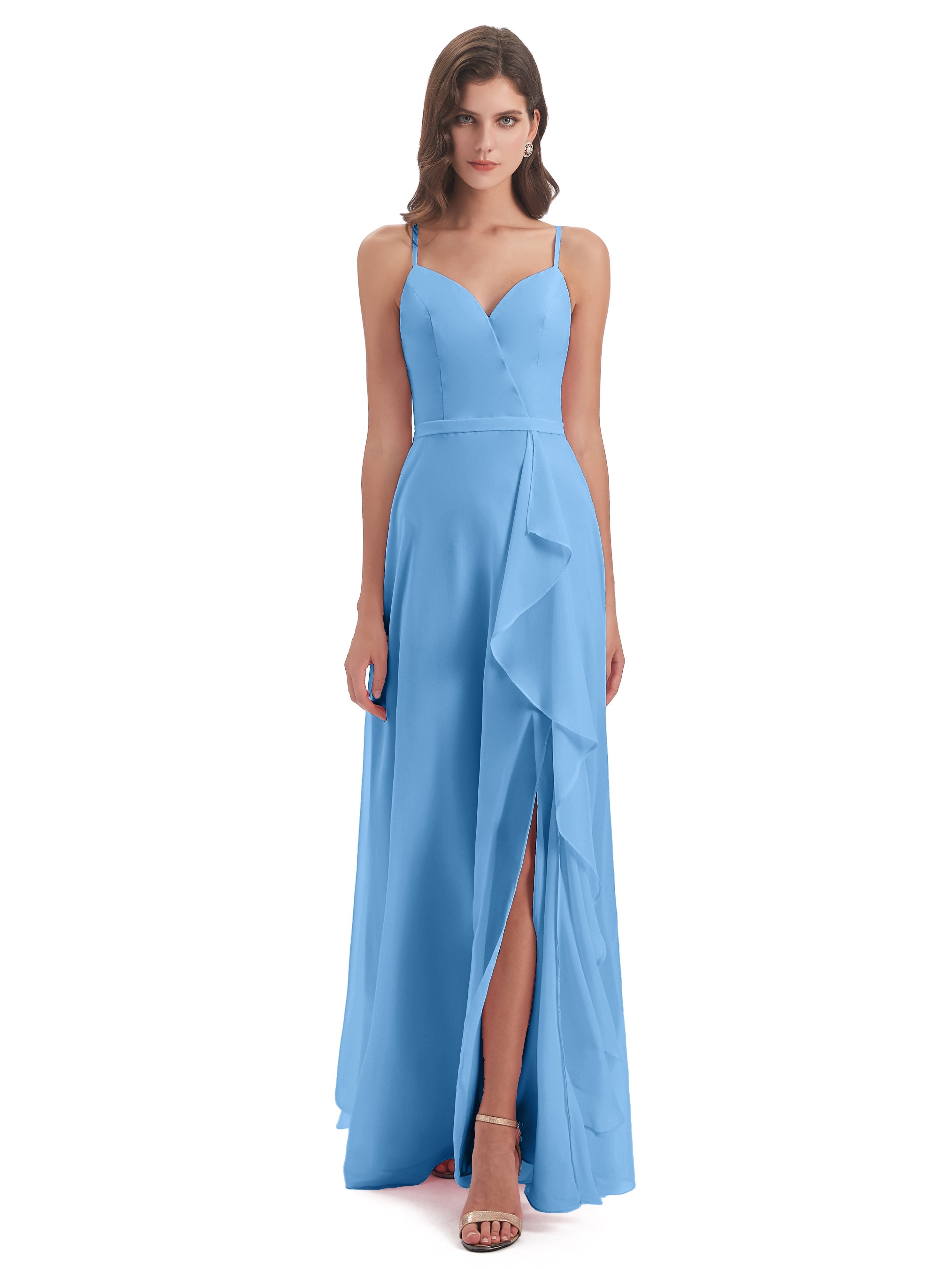 Robe Bleu Demoiselle D Honneur Fendue Devant Robes Demoiselle D'Honneur À Volants