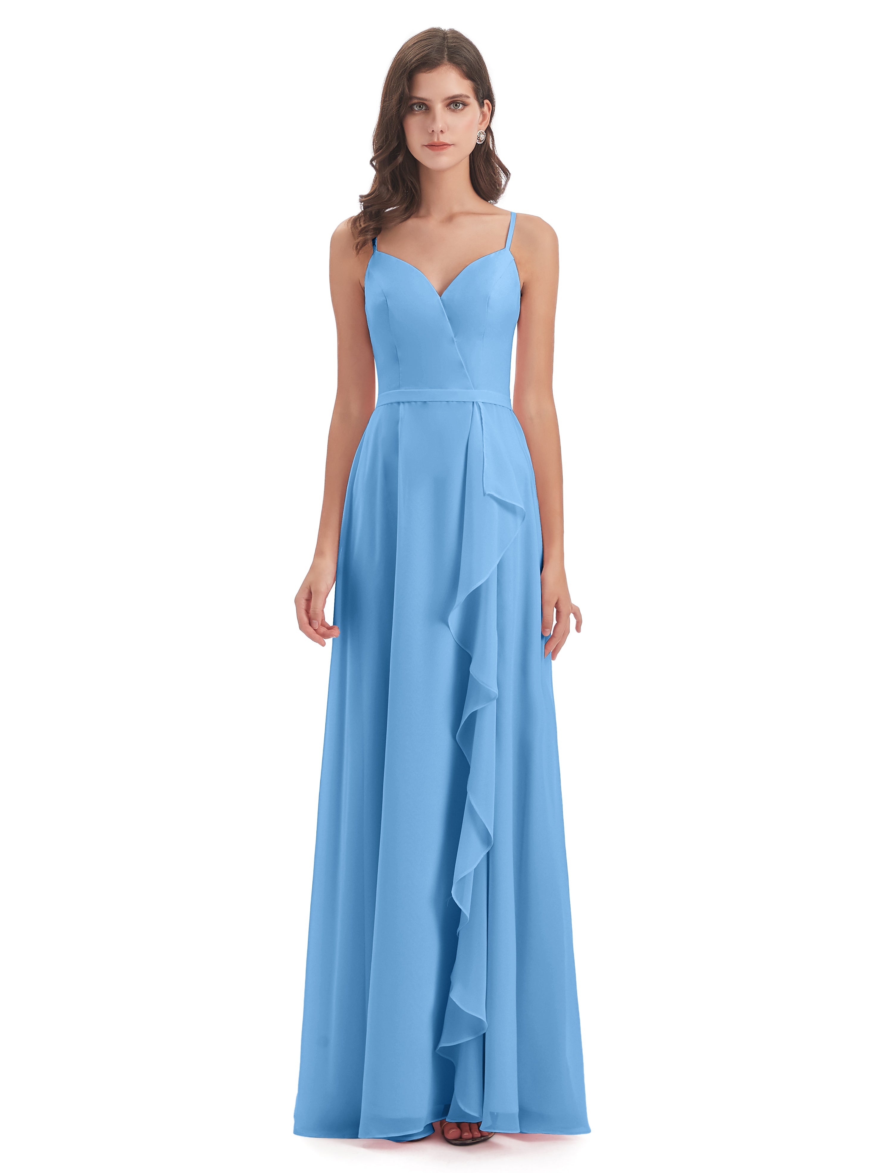 Robe Bleu Demoiselle D Honneur Fendue Devant Robes Demoiselle D'Honneur À Volants