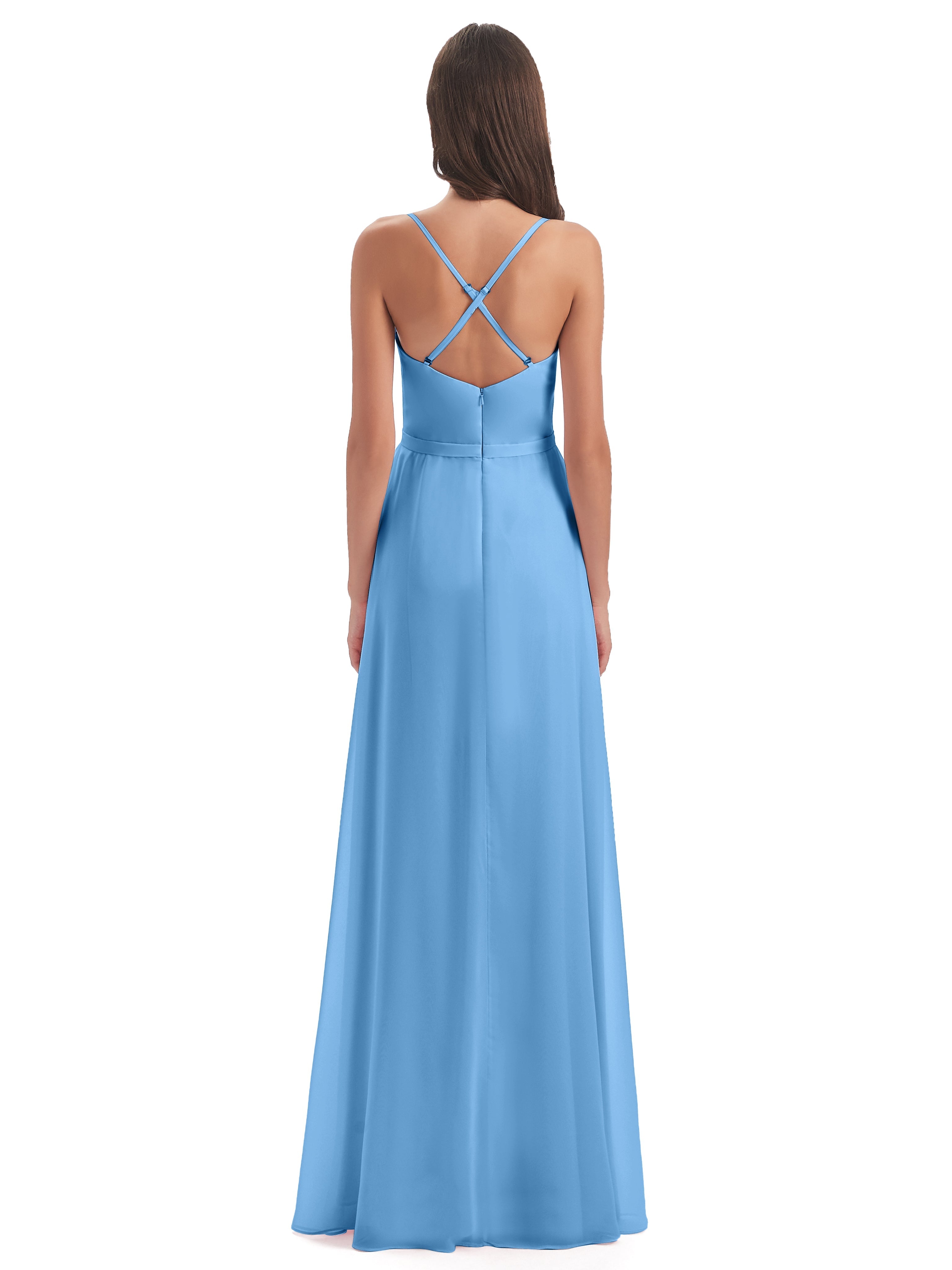 Robe Bleu Demoiselle D Honneur Fendue Devant Robes Demoiselle D'Honneur À Volants
