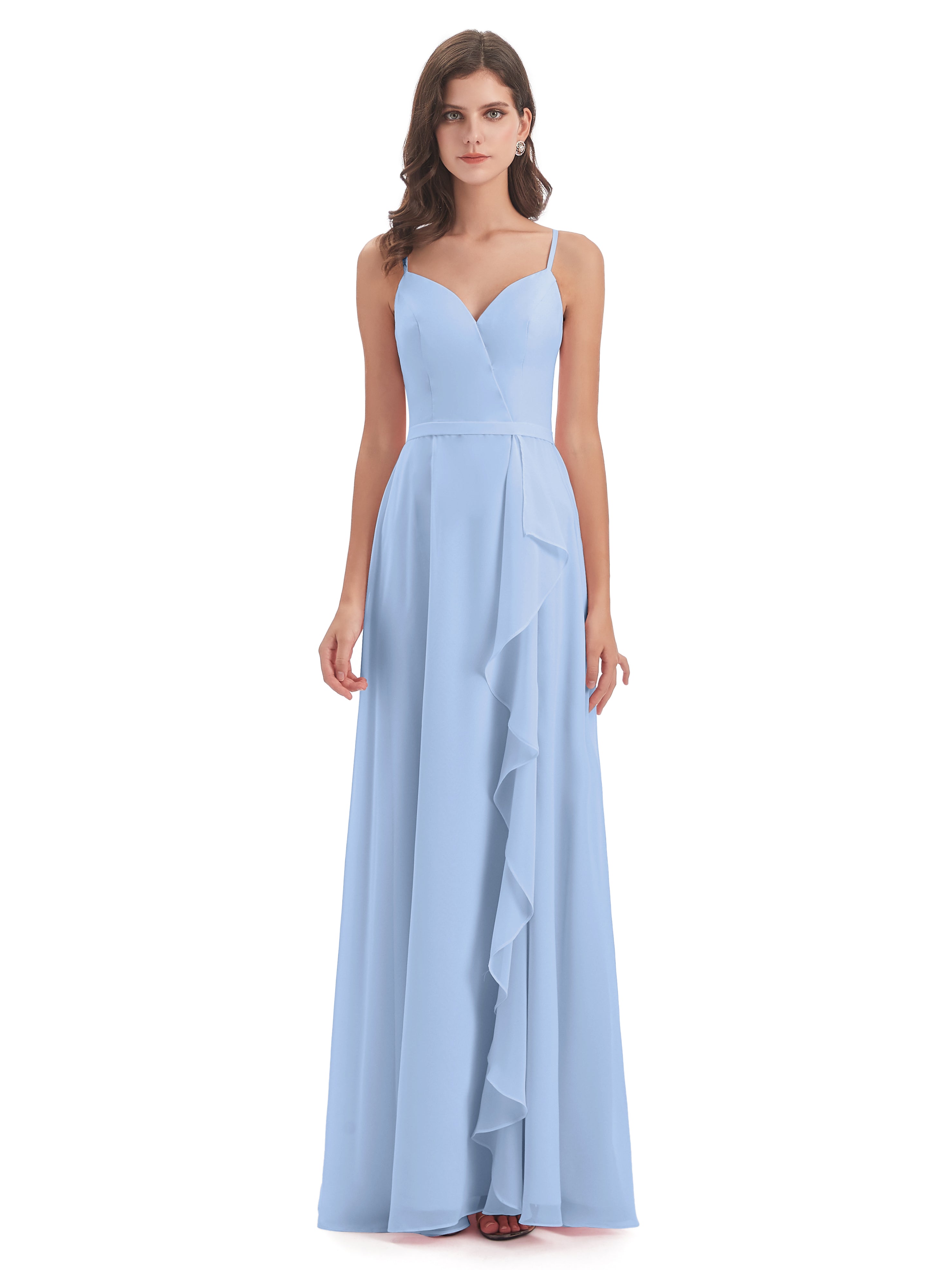 Robe Longue Bleu Ciel Demoiselle D Honneur Fendue Devant Robes Demoiselle D'Honneur À Volants