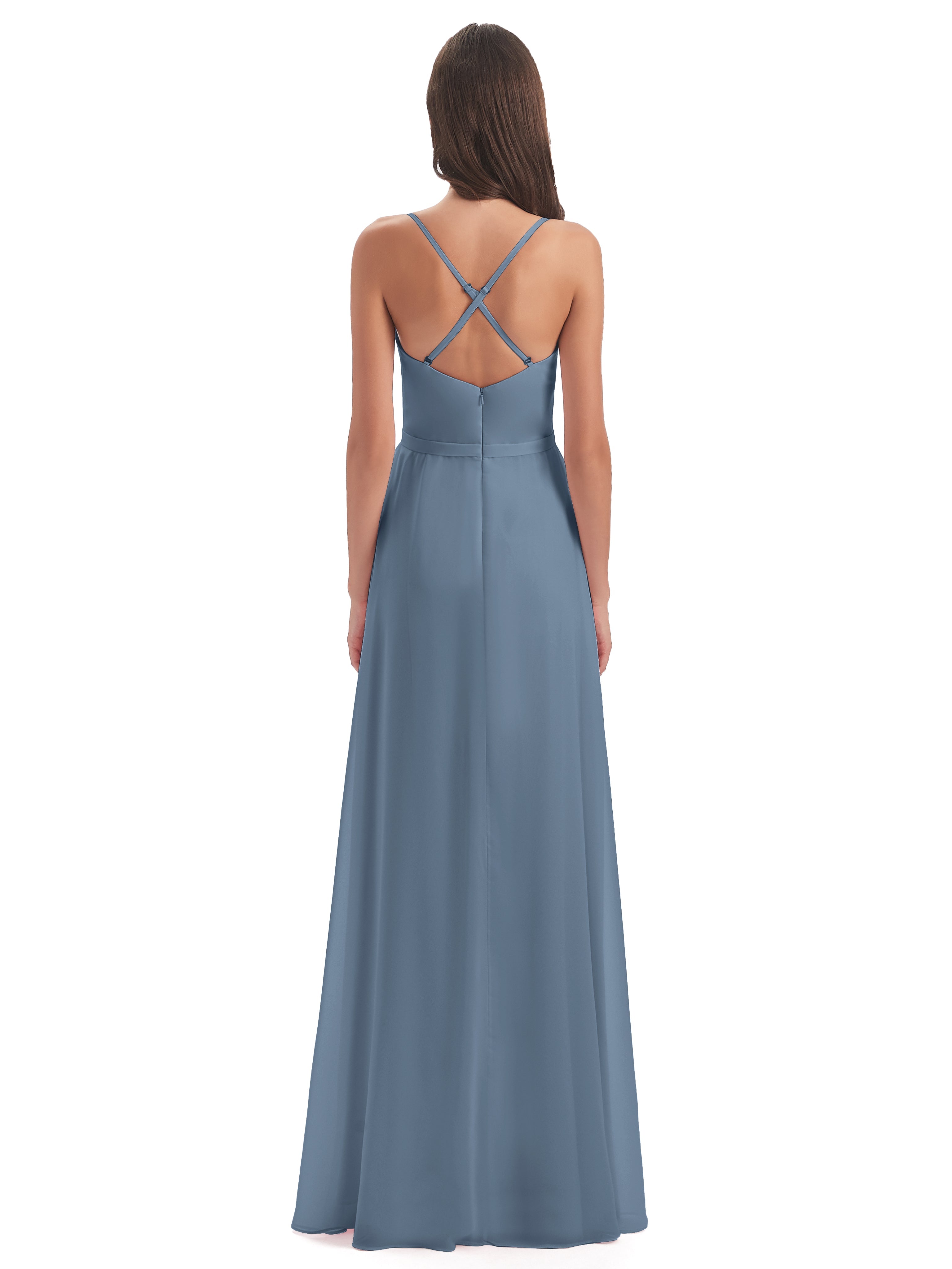 Robes De Demoiselle D'Honneur Bleu De Schiste Fendue Devant Robes Demoiselle D'Honneur À Volants