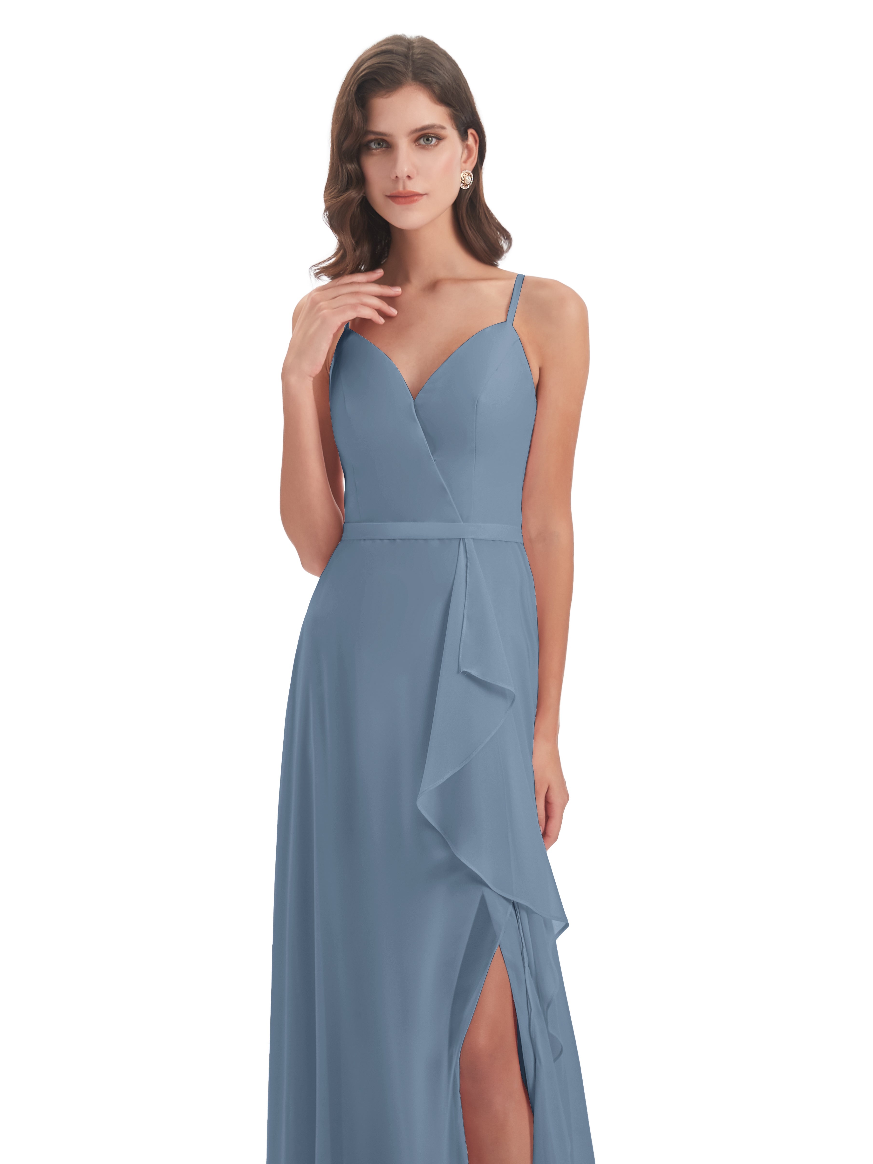 Robes De Demoiselle D'Honneur Bleu De Schiste Fendue Devant Robes Demoiselle D'Honneur À Volants