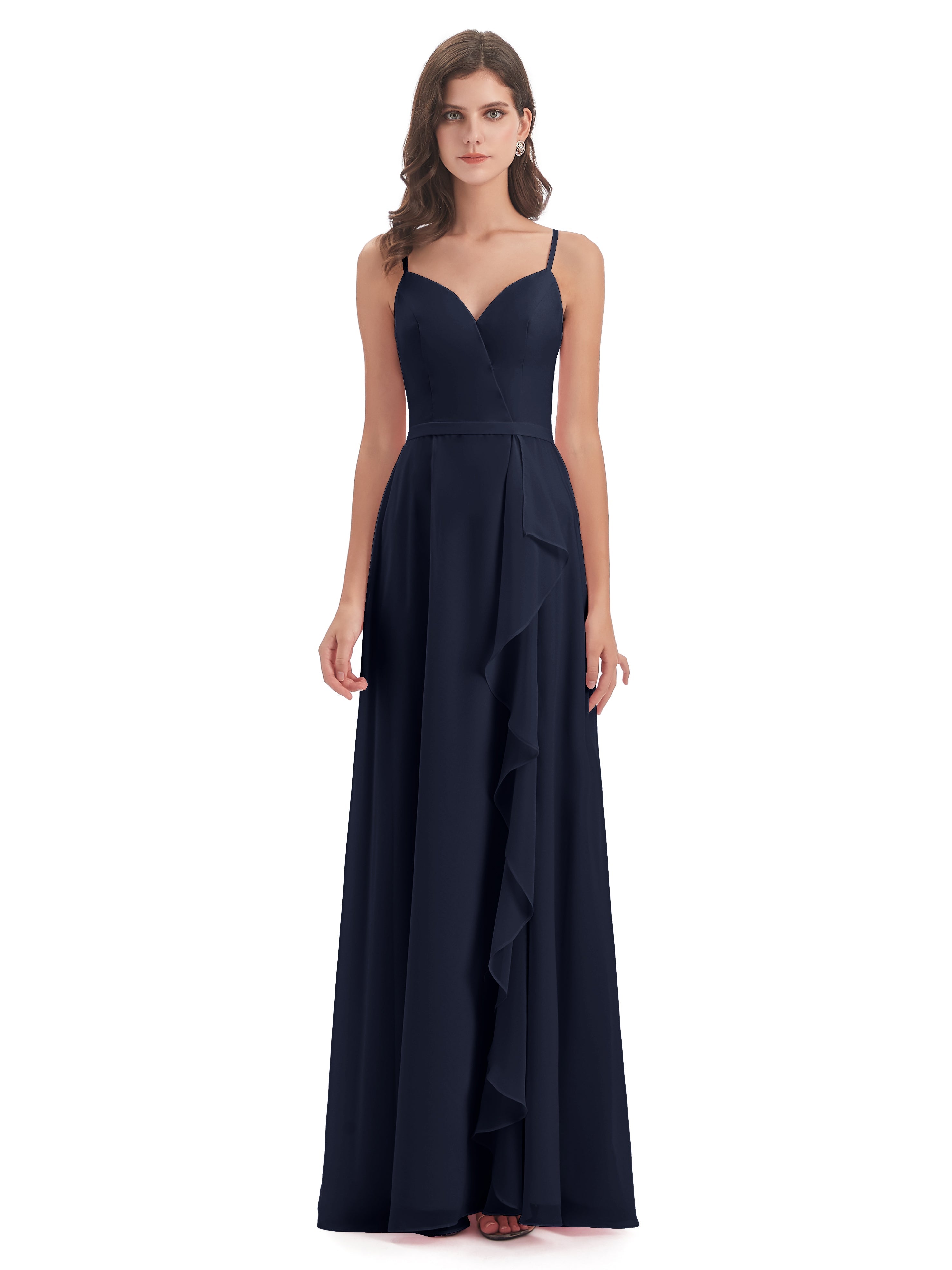 Robes De Demoiselle D'Honneur Bleu Marine Fendue Devant Robes Demoiselle D'Honneur À Volants
