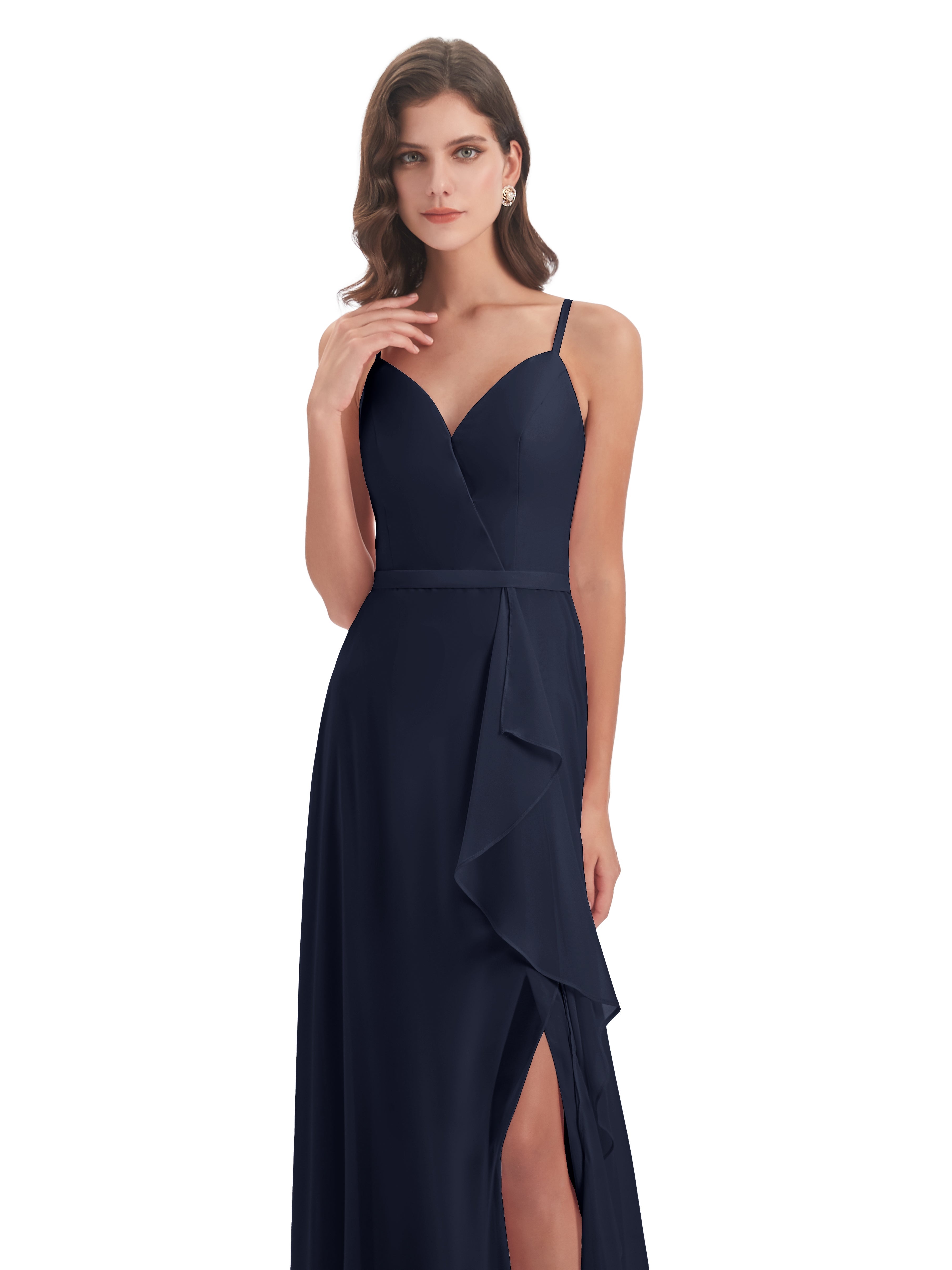 Robes De Demoiselle D'Honneur Bleu Marine Fendue Devant Robes Demoiselle D'Honneur À Volants