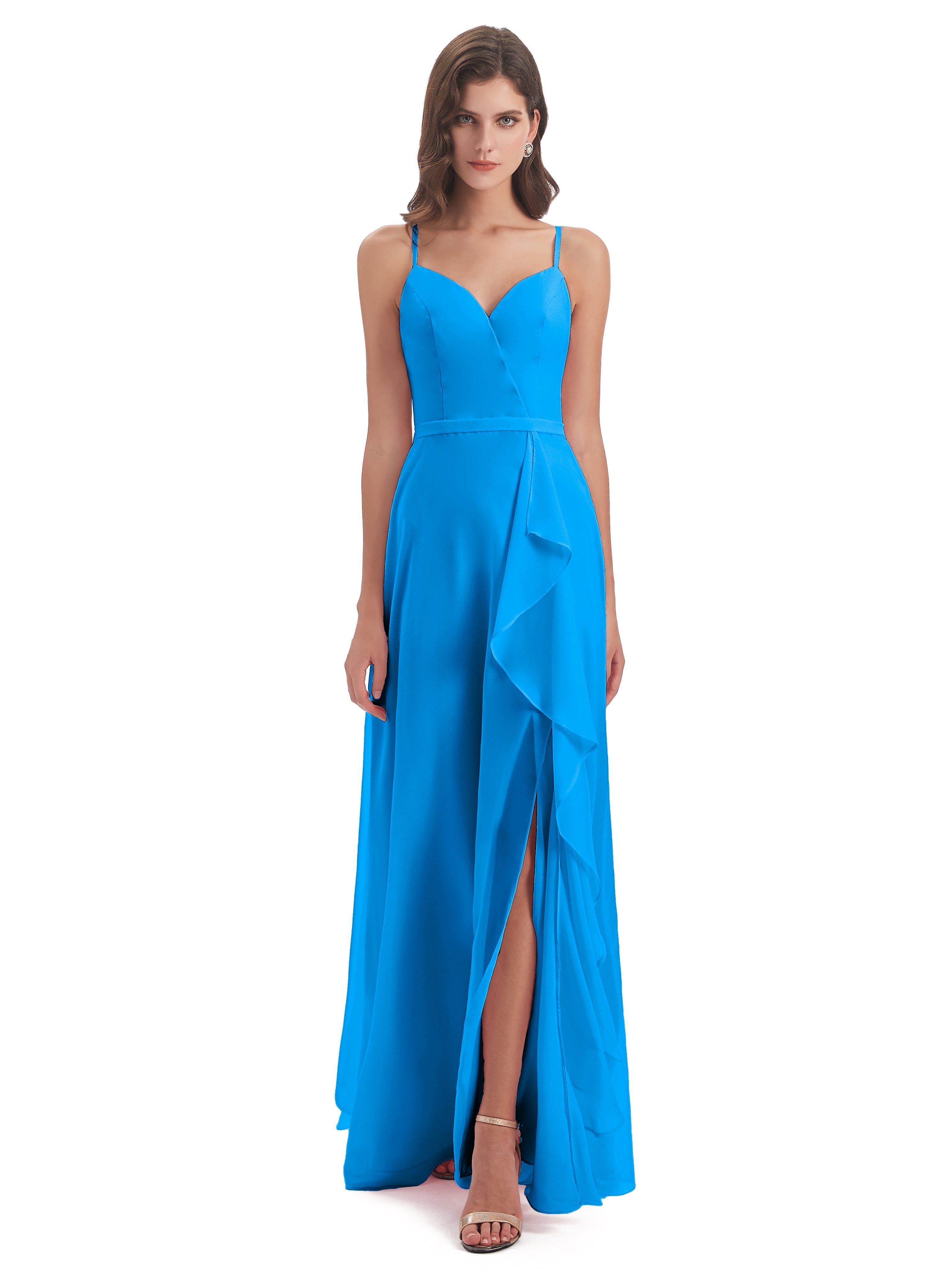 Robes De Demoiselle D'Honneur Bleu Océan Fendue Devant Robes Demoiselle D'Honneur À Volants