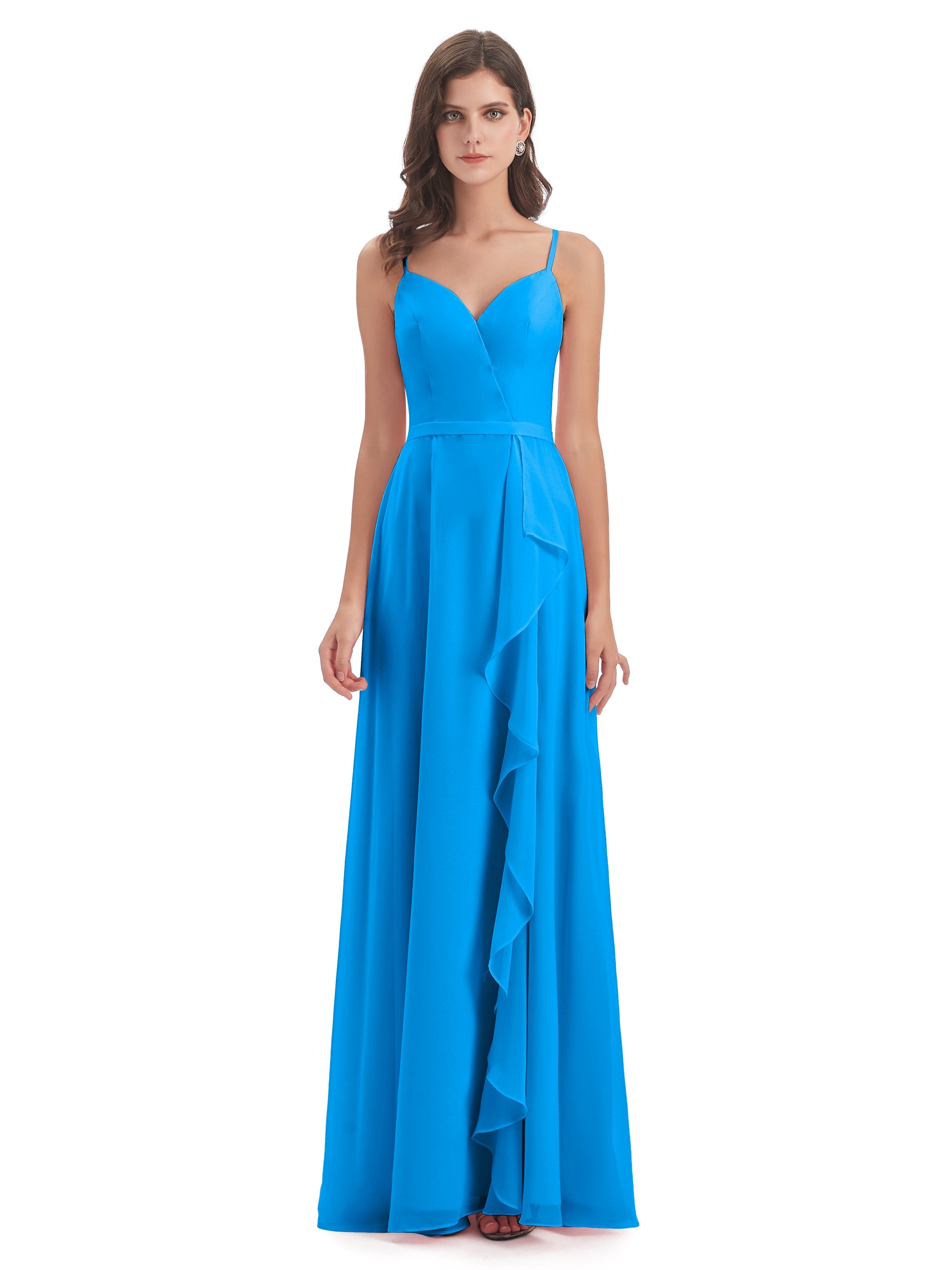 Robes De Demoiselle D'Honneur Bleu Océan Fendue Devant Robes Demoiselle D'Honneur À Volants