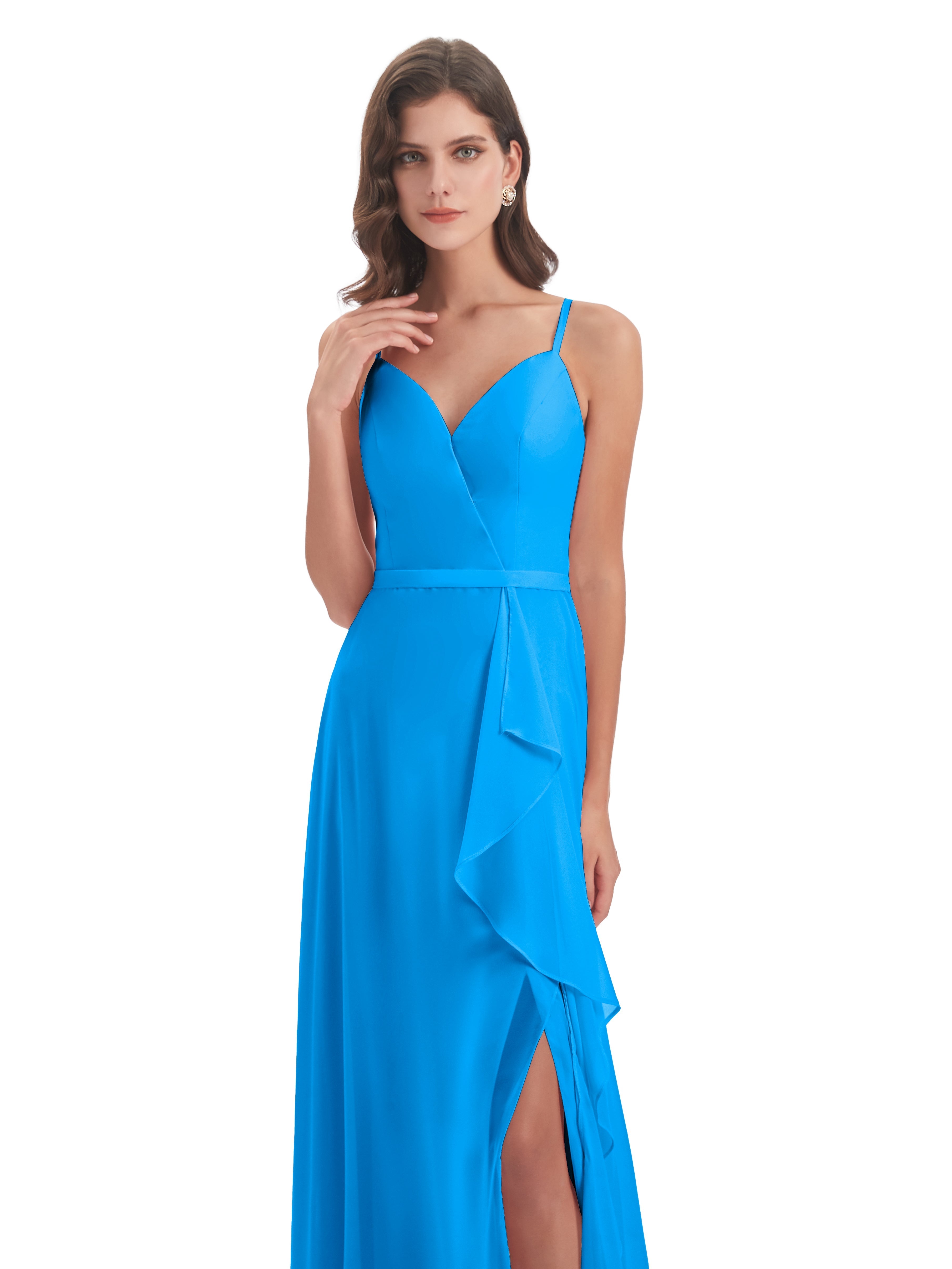 Robes De Demoiselle D'Honneur Bleu Océan Fendue Devant Robes Demoiselle D'Honneur À Volants
