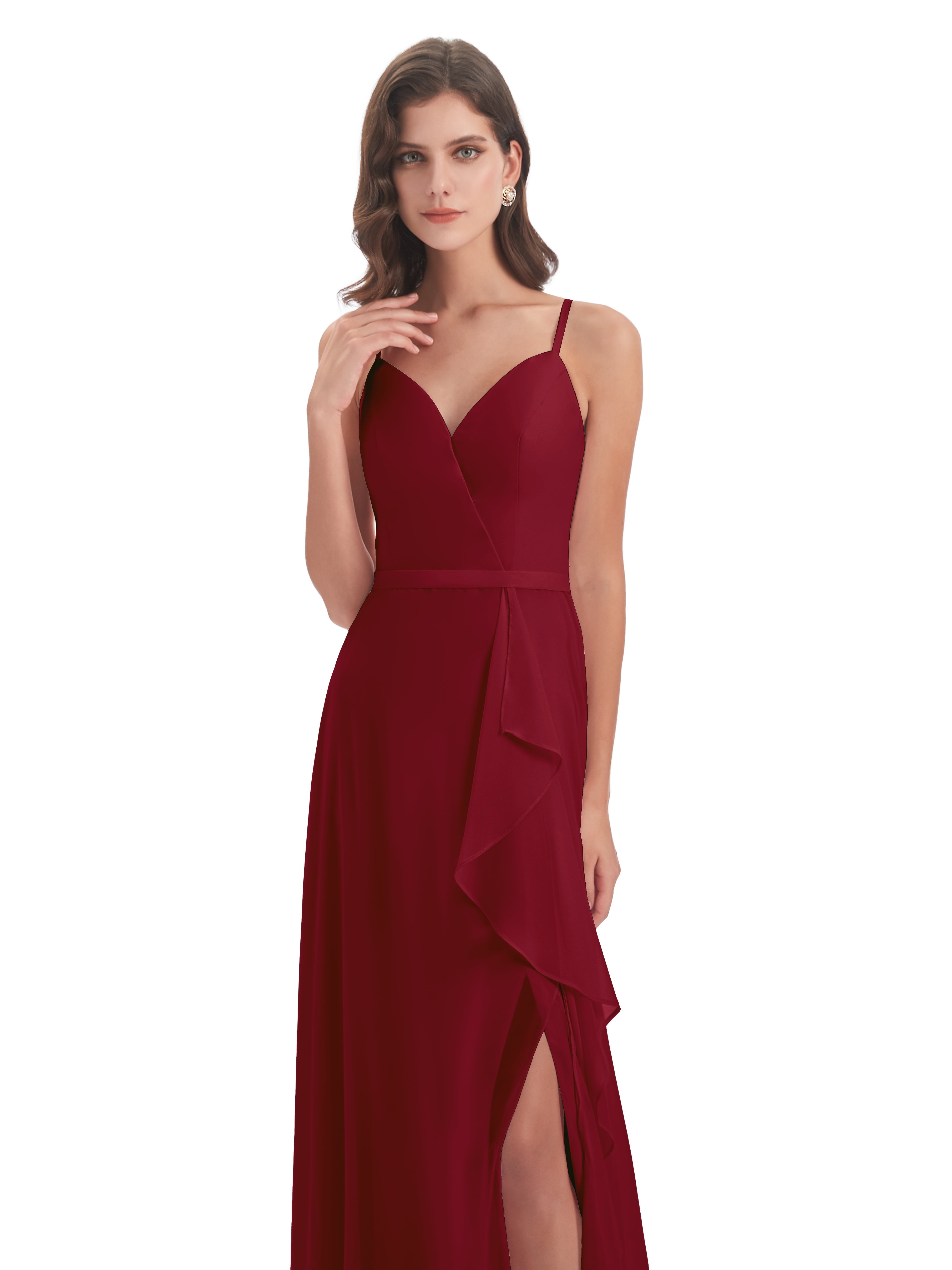 Robes De Demoiselle D'Honneur Rouge Bordeaux Fendue Devant Robes Demoiselle D'Honneur À Volants