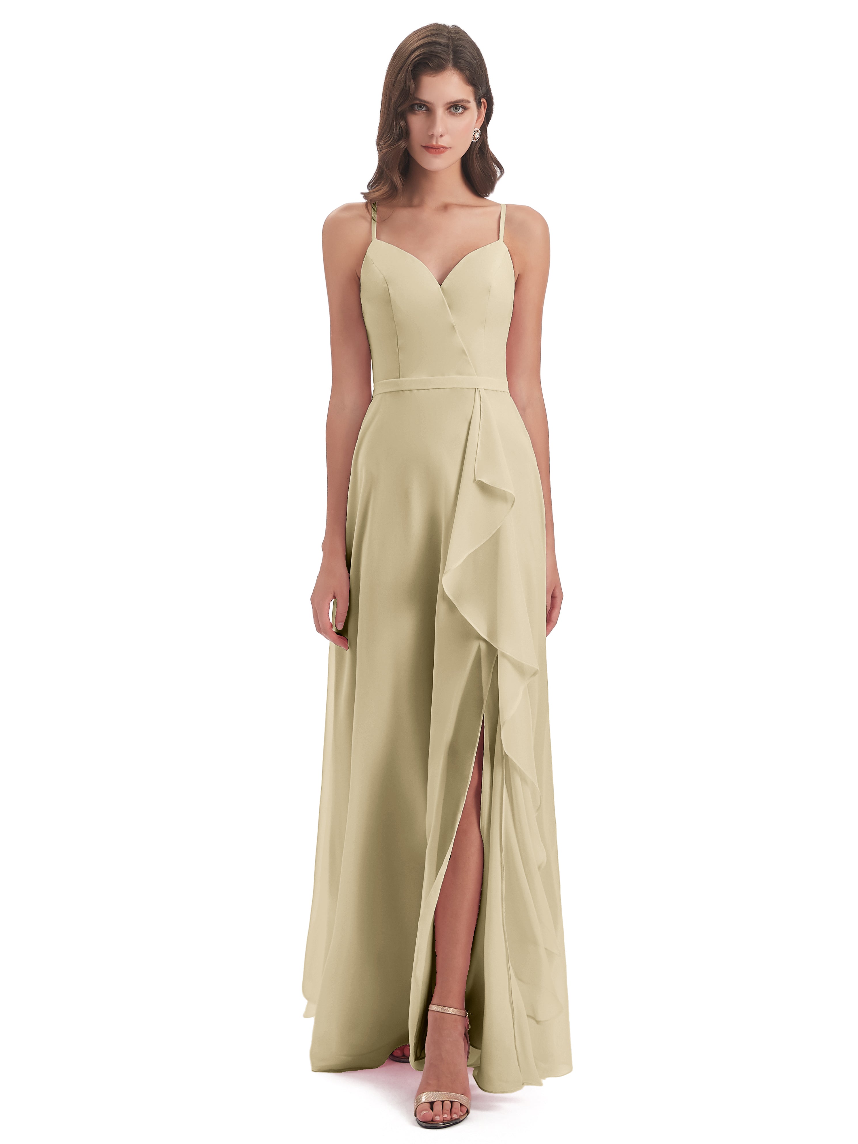 Robe De Demoiselle D'Honneur Champagne Fendue Devant Robes Demoiselle D'Honneur À Volants
