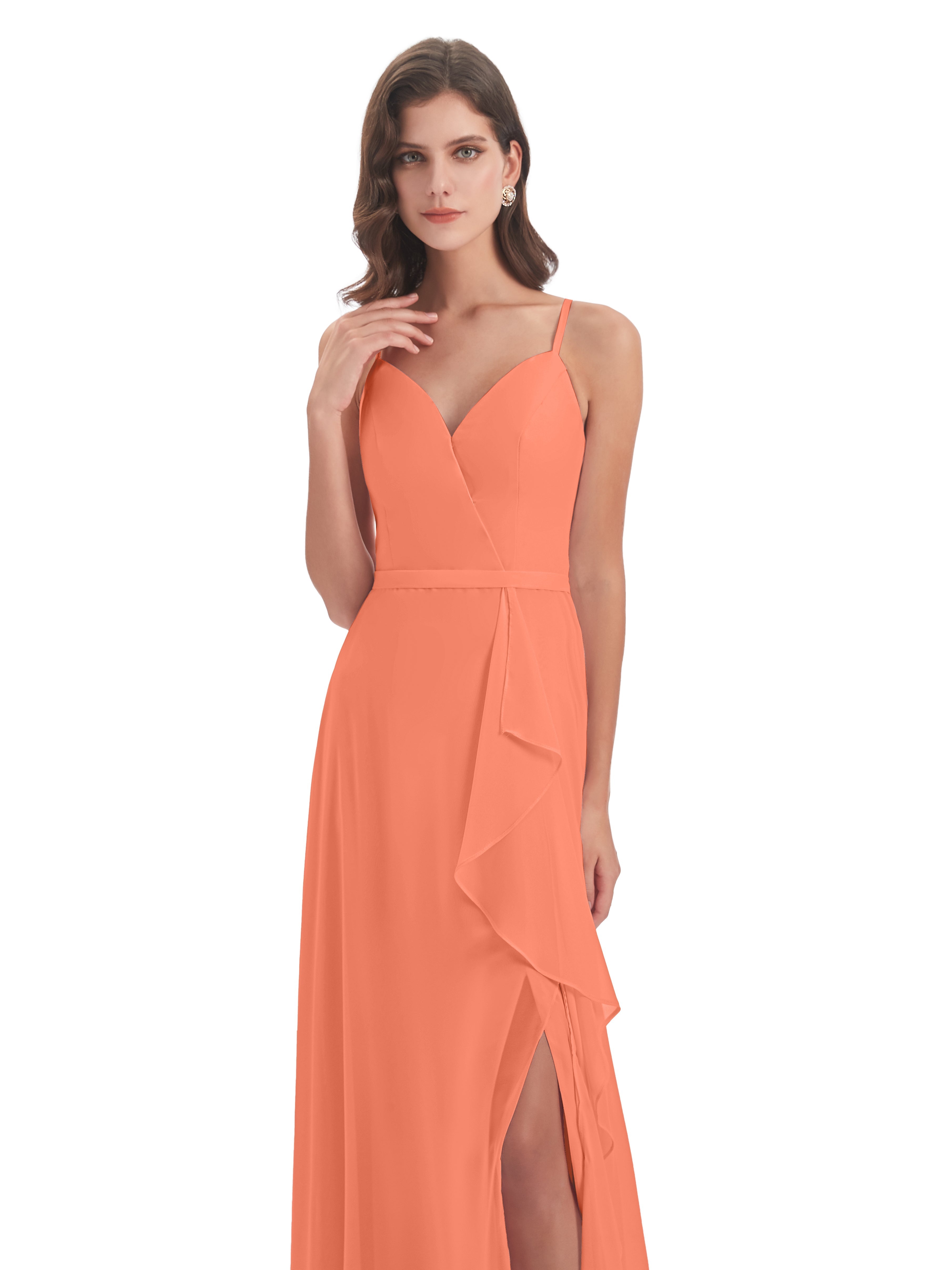 Robes De Demoiselle D'Honneur Coucher De Soleil Fendue Devant Robes Demoiselle D'Honneur À Volants
