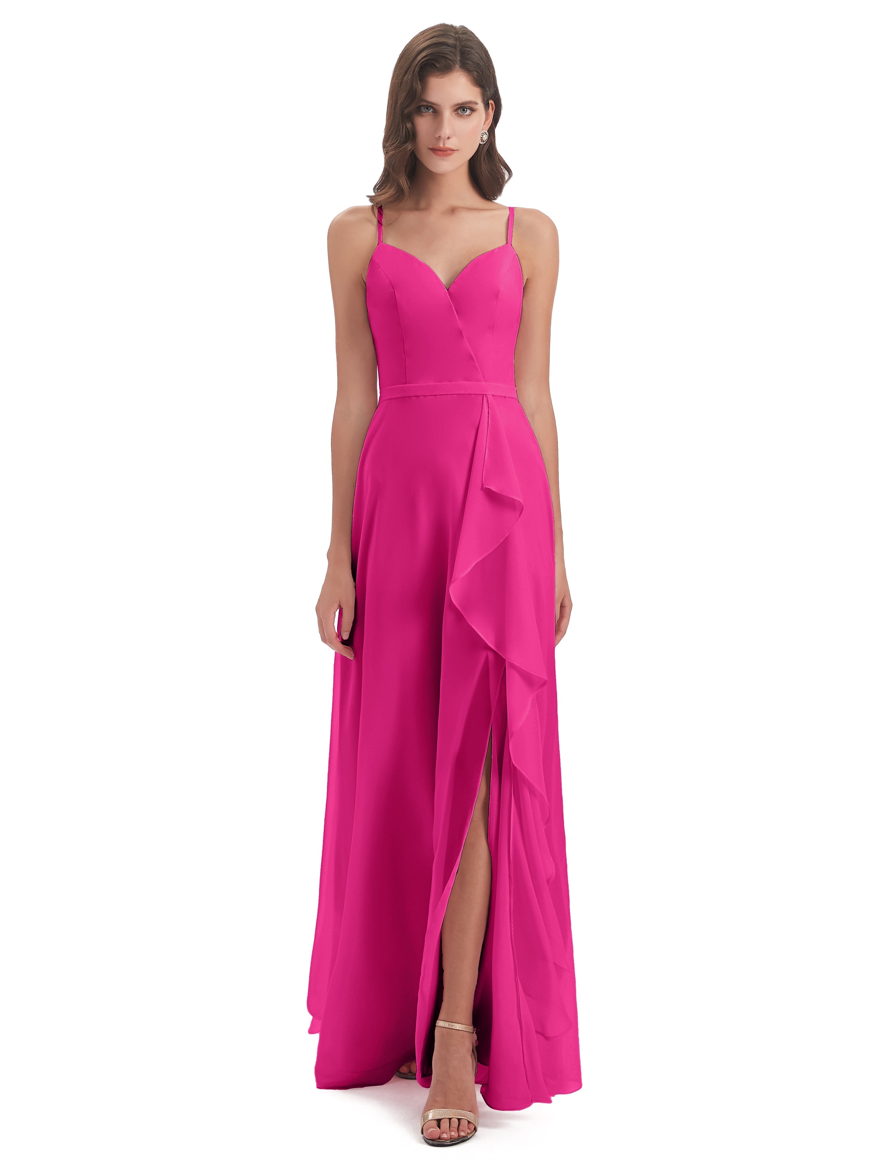 Robes De Demoiselle D'Honneur Rose Fuchsia Couleur Fendue Devant Robes Demoiselle D'Honneur À Volants