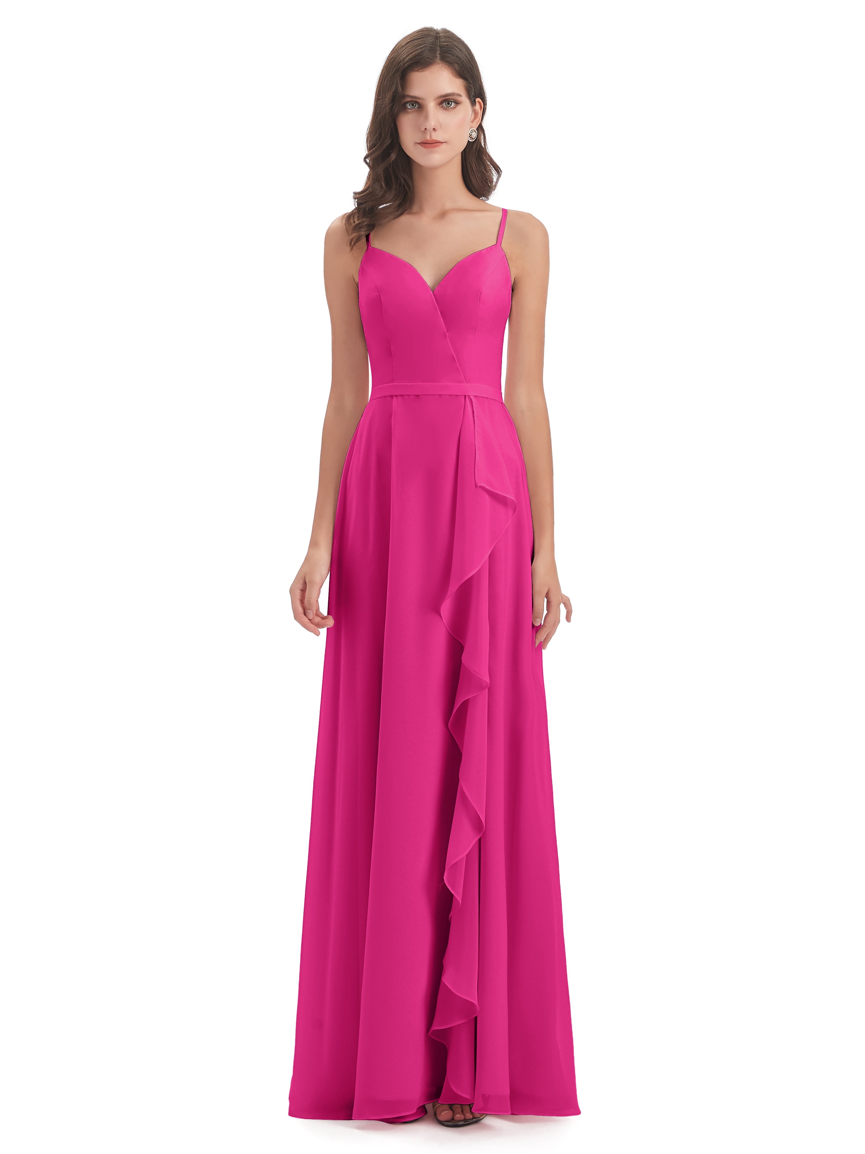 Robes De Demoiselle D'Honneur Rose Fuchsia Couleur Fendue Devant Robes Demoiselle D'Honneur À Volants