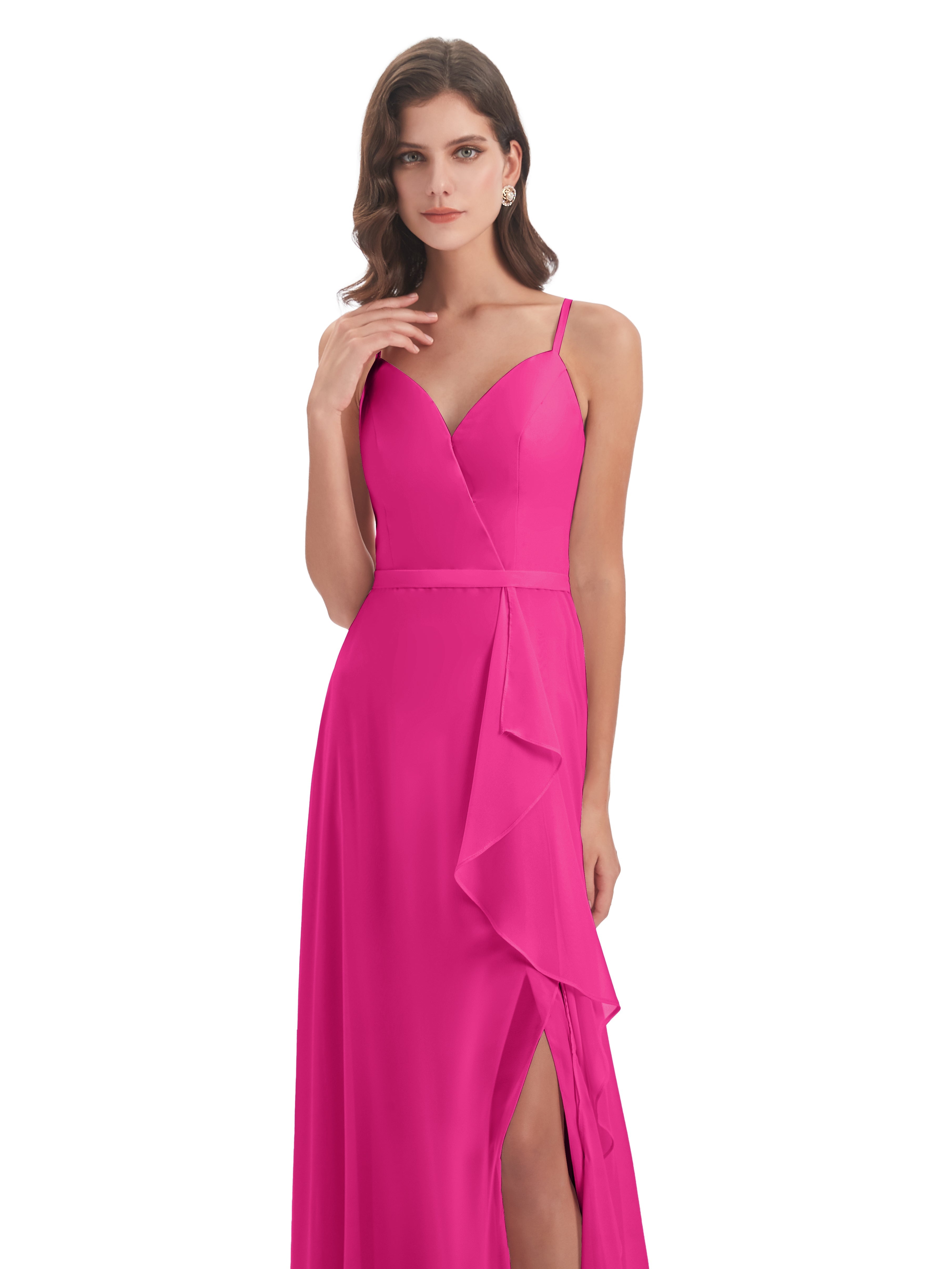 Robes De Demoiselle D'Honneur Rose Fuchsia Couleur Fendue Devant Robes Demoiselle D'Honneur À Volants