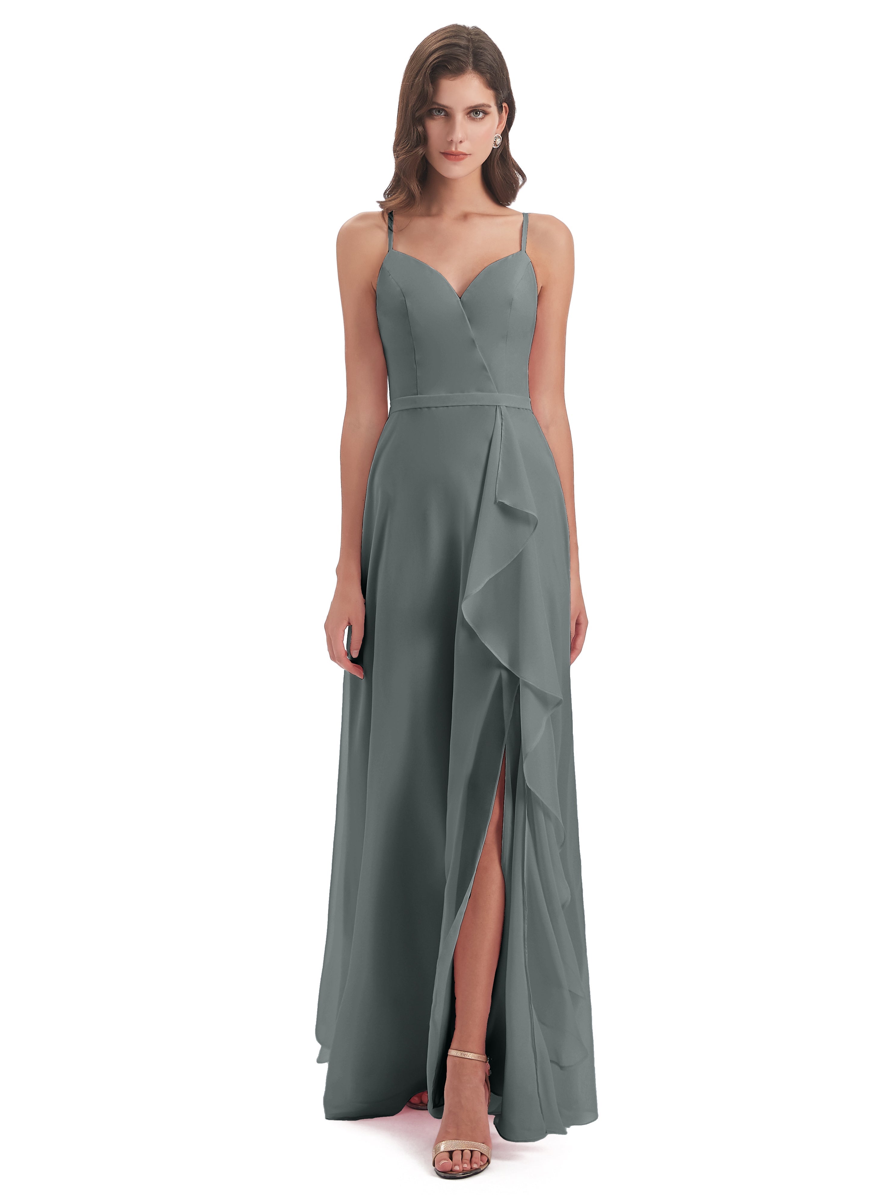 Robes De Demoiselle D'Honneur Gris Argenté Fendue Devant Robes Demoiselle D'Honneur À Volants