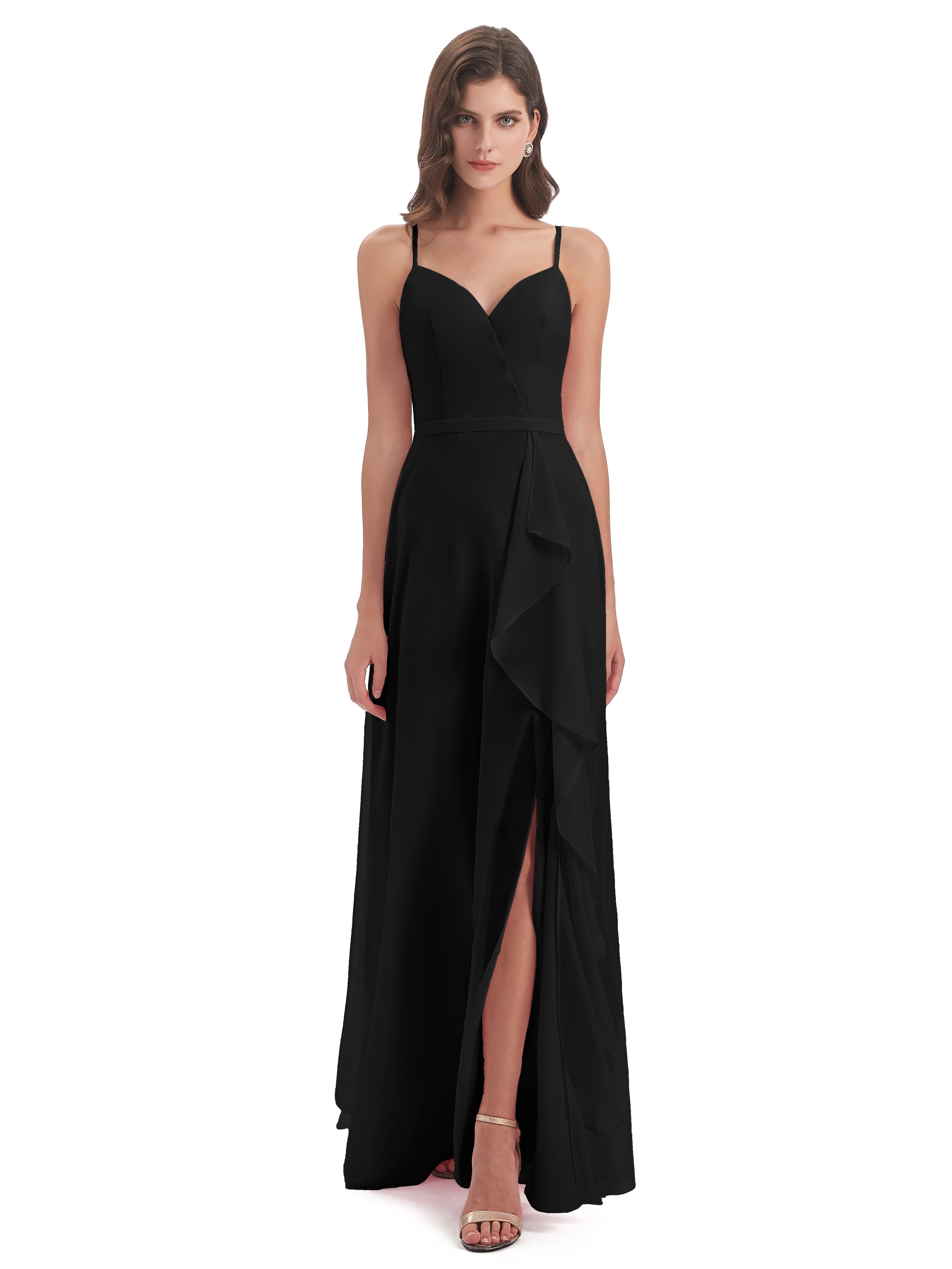 Robe Demoiselle D Honneur Noir Fendue Devant Robes Demoiselle D'Honneur À Volants