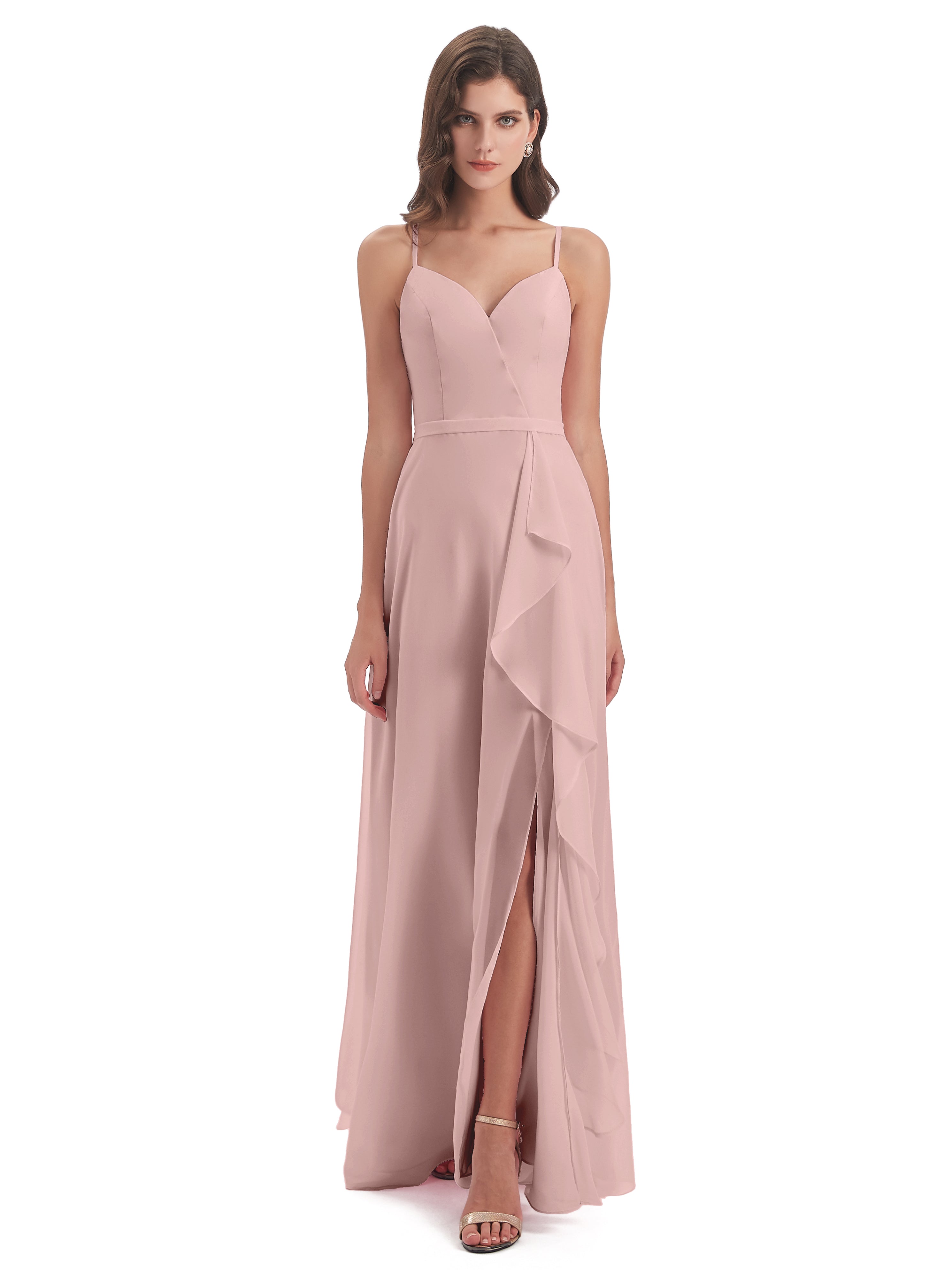 Robe De Demoiselle D Honneur Rose Poudrée Fendue Devant Robes Demoiselle D'Honneur À Volants