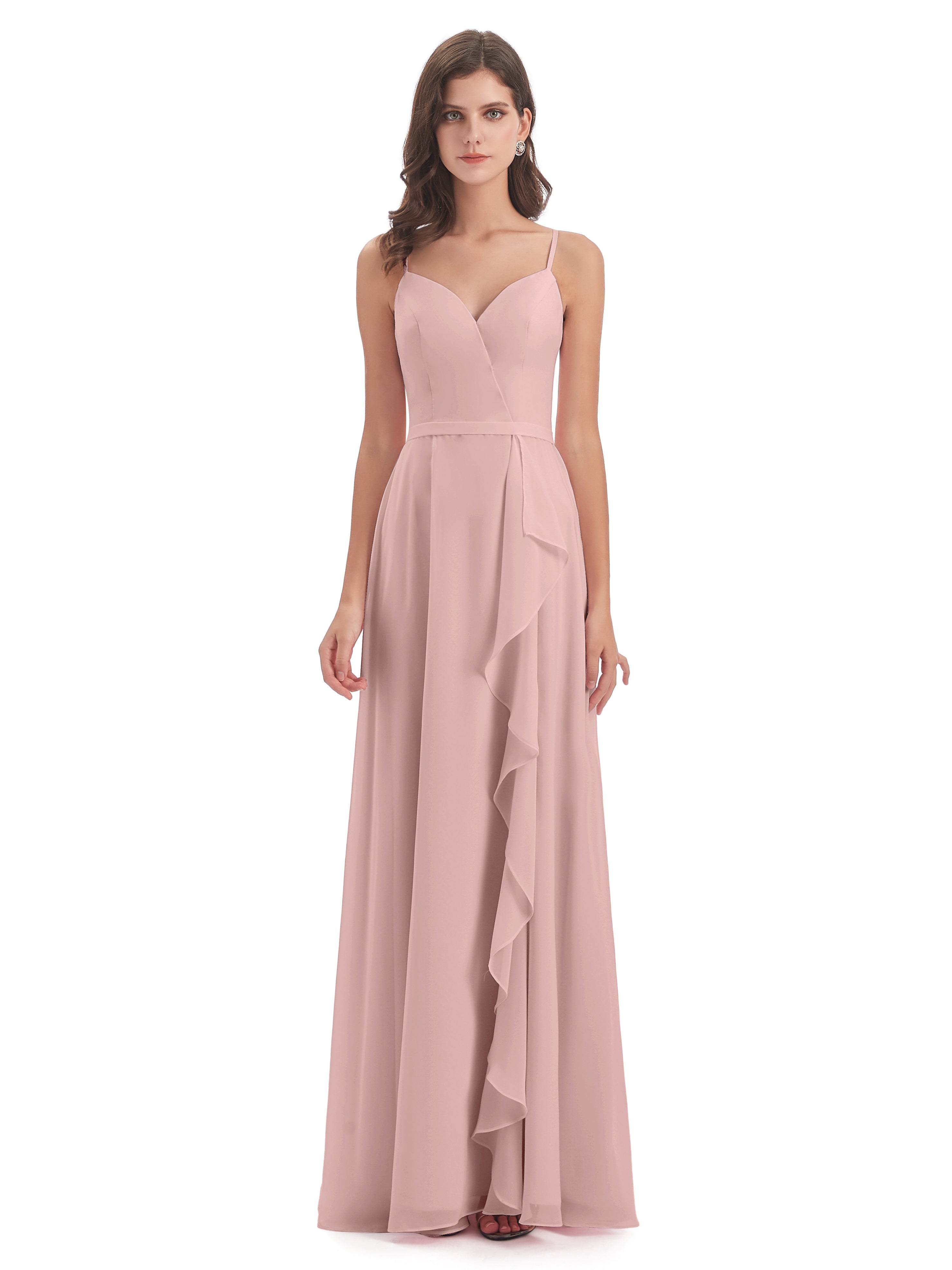 Robe De Demoiselle D Honneur Rose Poudrée Fendue Devant Robes Demoiselle D'Honneur À Volants