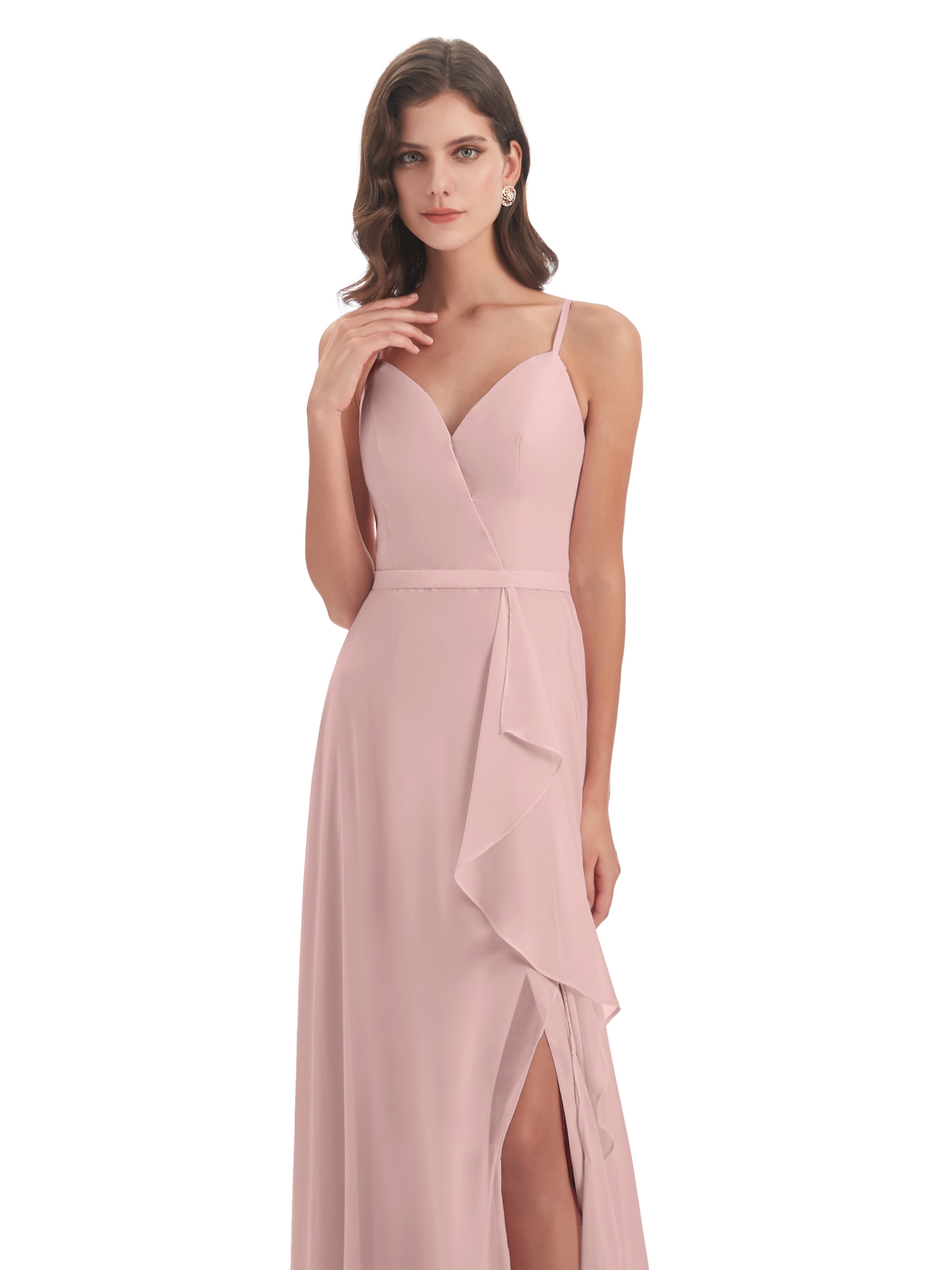 Robe De Demoiselle D Honneur Rose Poudrée Fendue Devant Robes Demoiselle D'Honneur À Volants