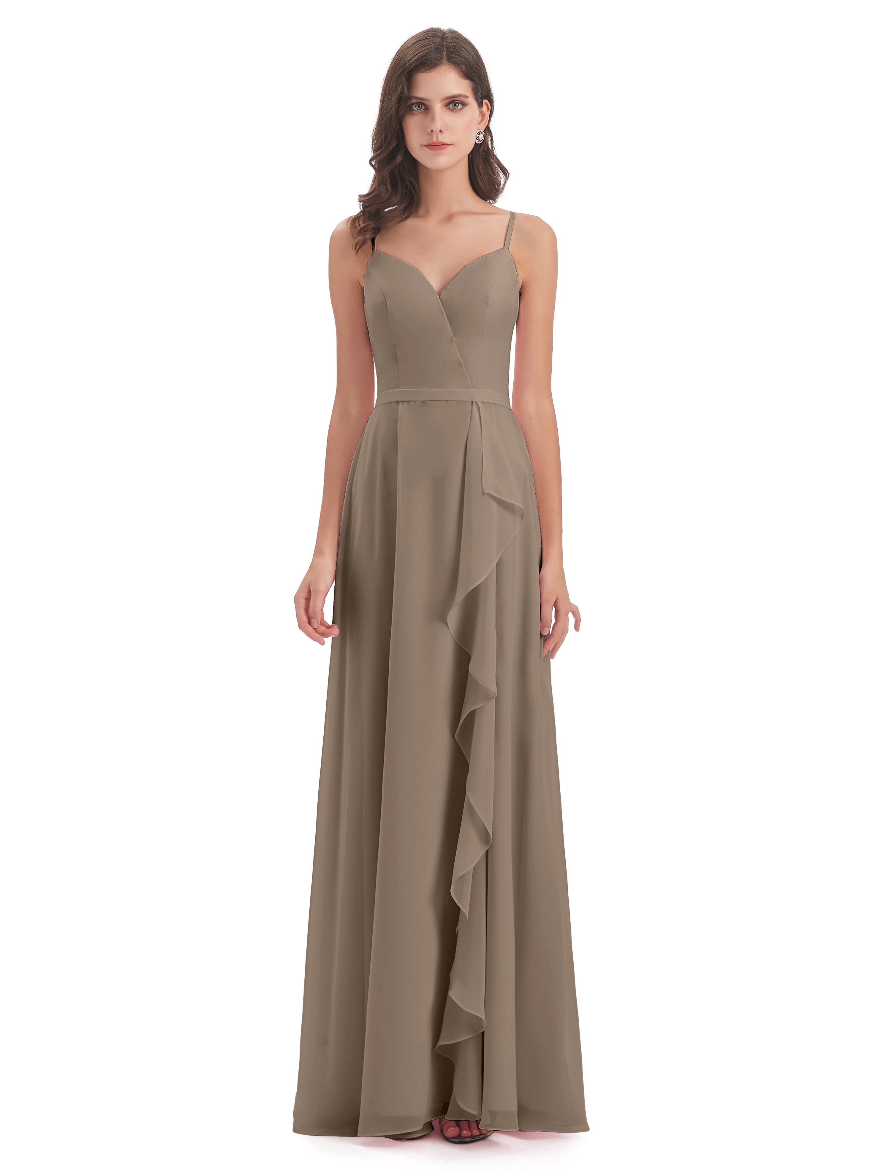 Robe Ceremonie Taupe Fendue Devant Robes Demoiselle D'Honneur À Volants