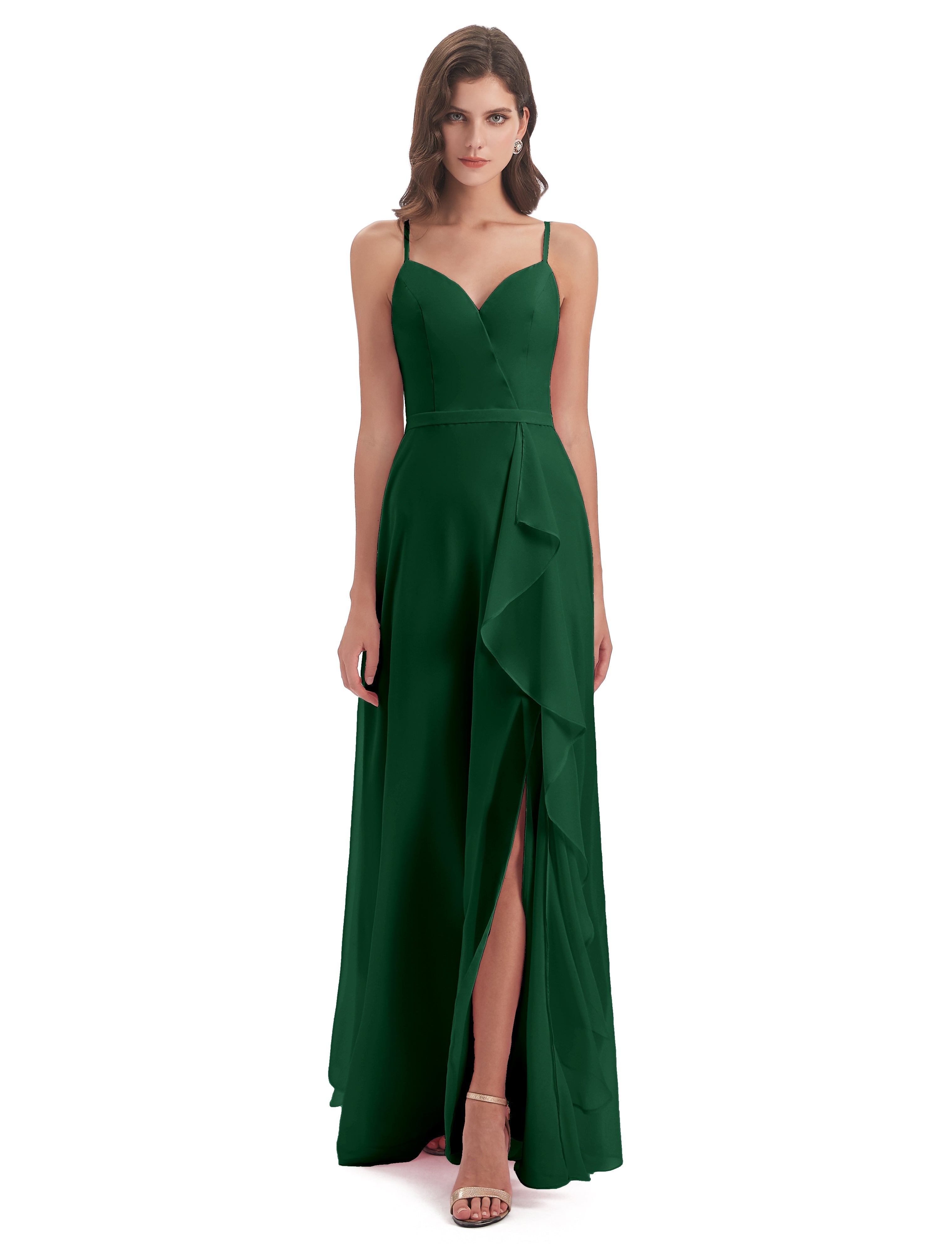 Robes De Demoiselle D'Honneur Vert Foncé Fendue Devant Robes Demoiselle D'Honneur À Volants