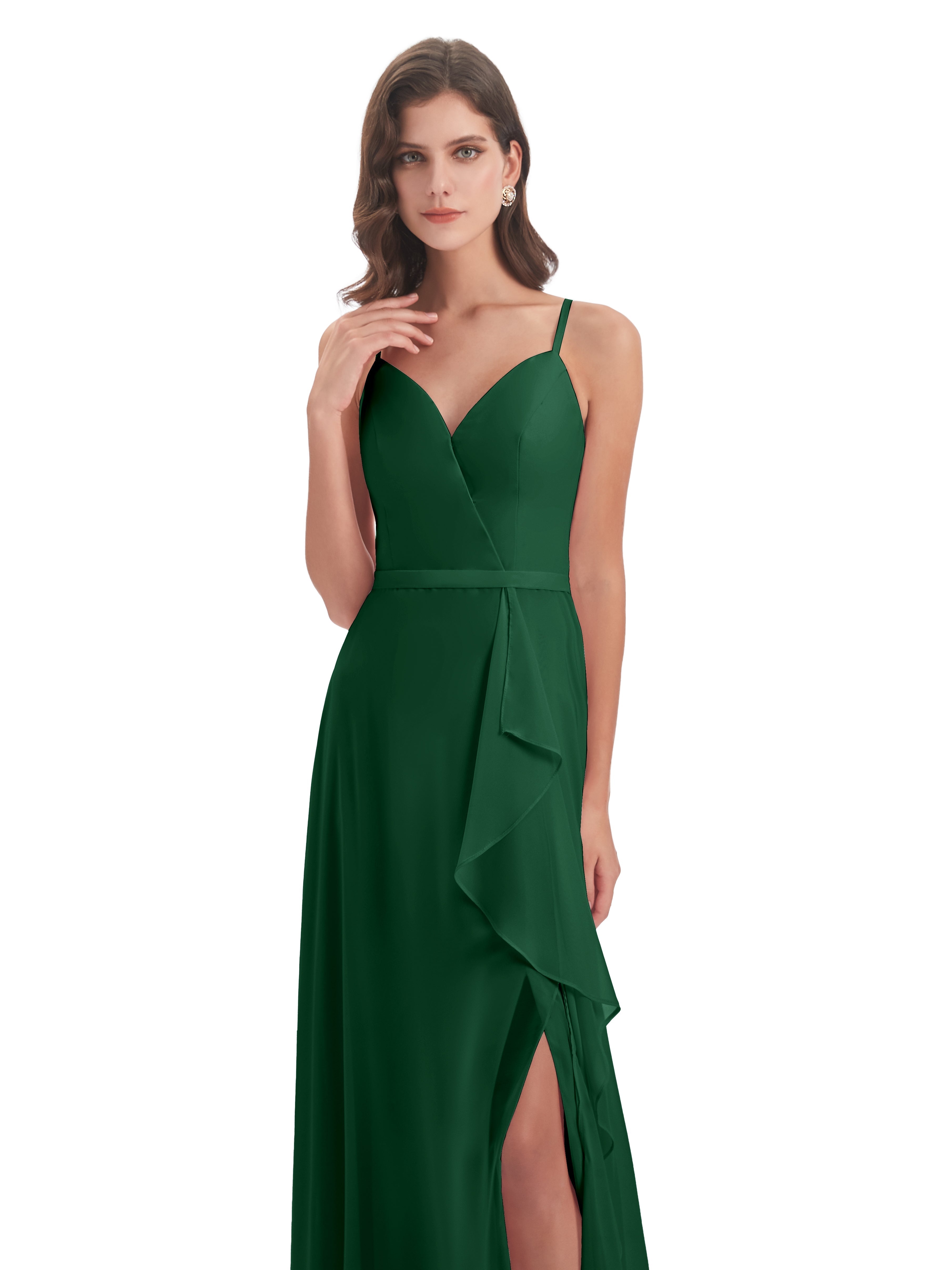 Robes De Demoiselle D'Honneur Vert Foncé Fendue Devant Robes Demoiselle D'Honneur À Volants