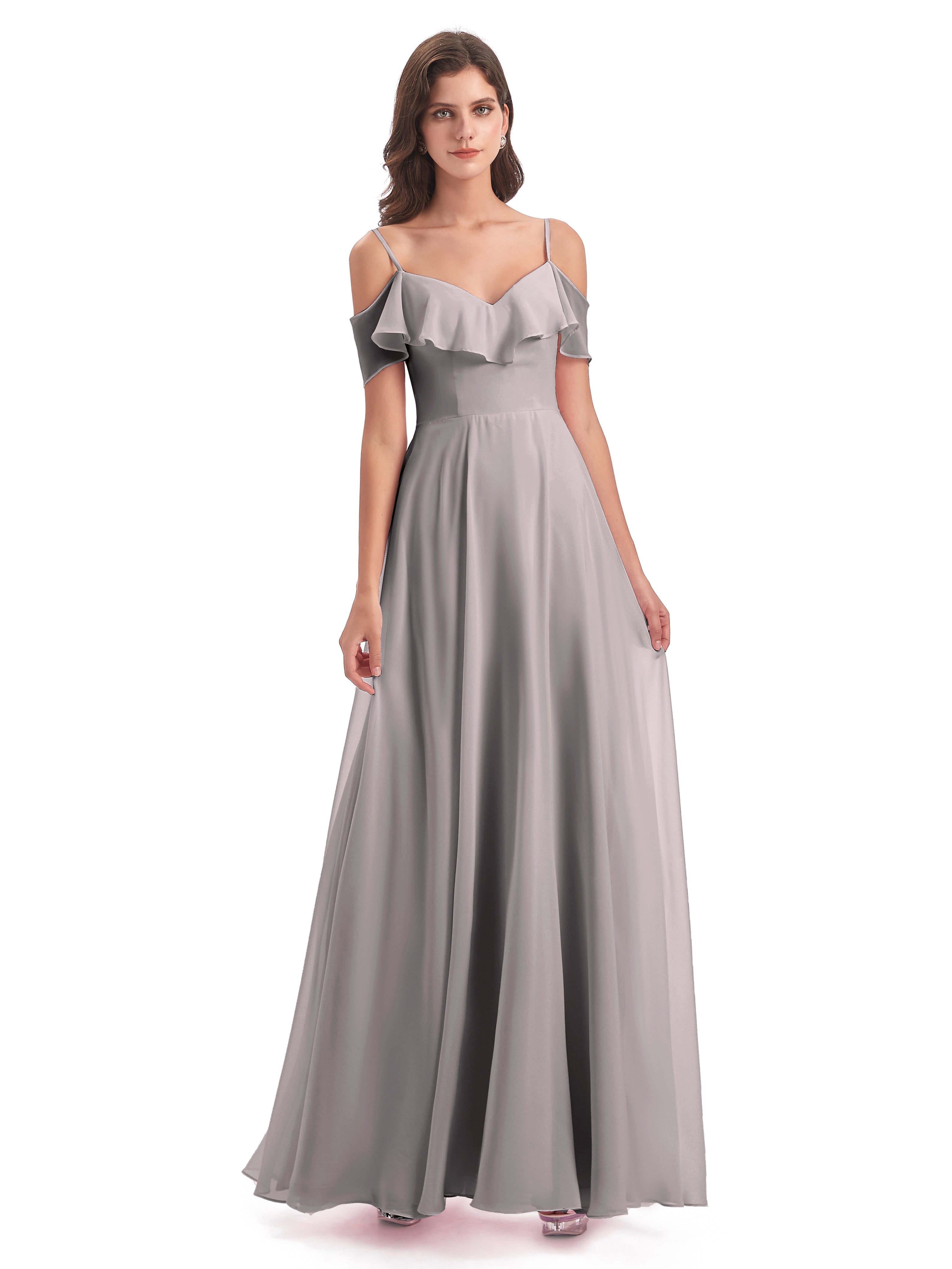 Robes De Demoiselle D'Honneur En Argent Trapèze Bretelles Spaghetti Longue Robes Demoiselle D'Honneur