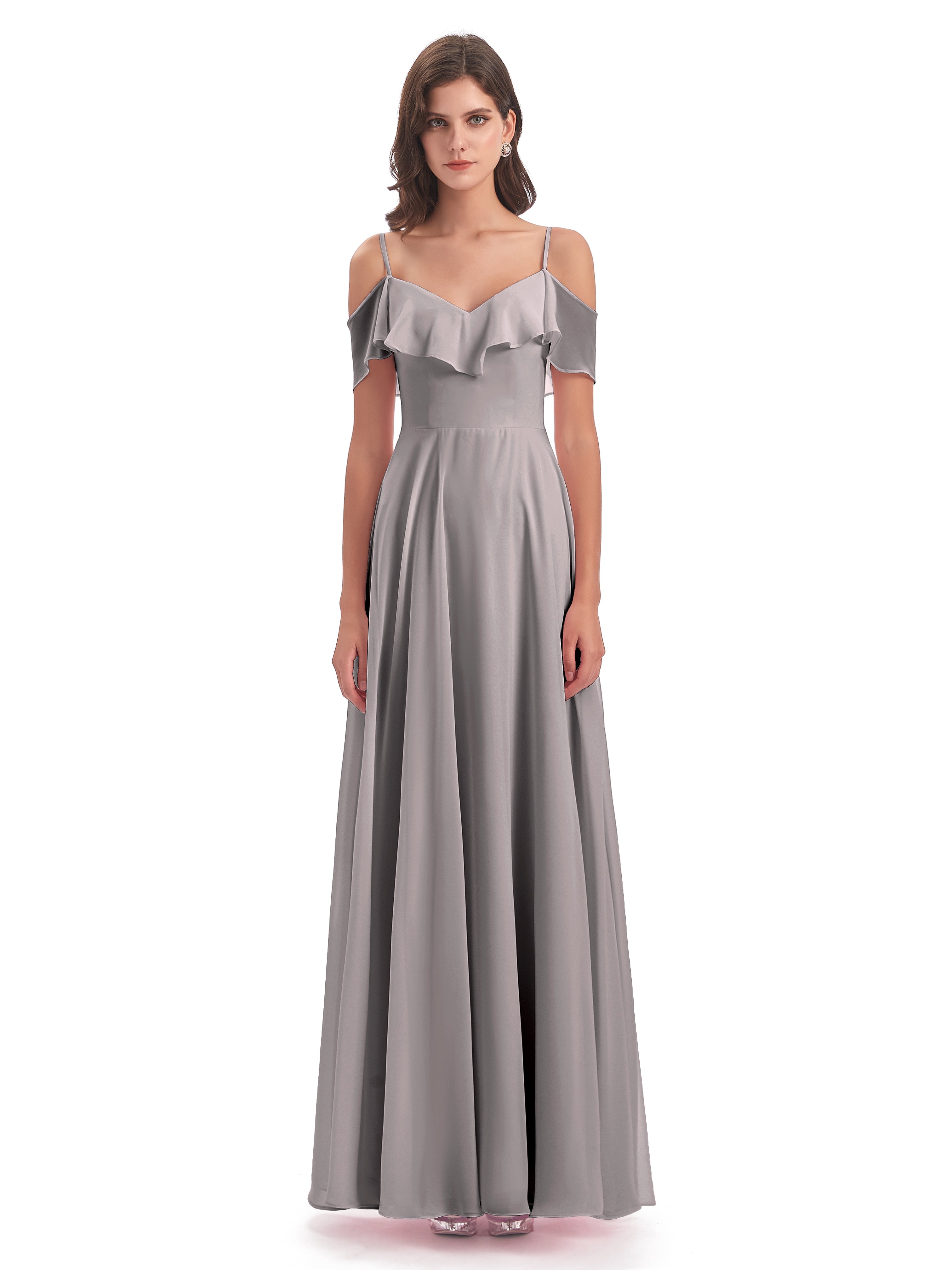 Robes De Demoiselle D'Honneur En Argent Trapèze Bretelles Spaghetti Longue Robes Demoiselle D'Honneur