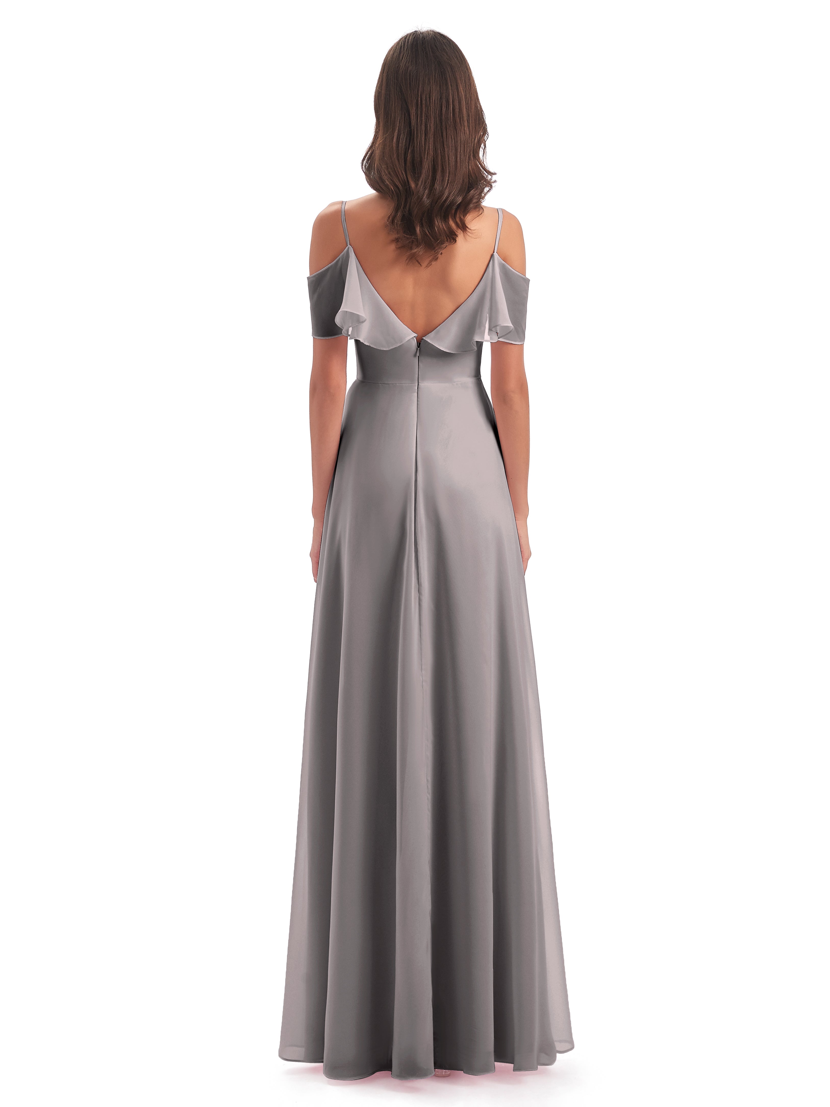 Robes De Demoiselle D'Honneur En Argent Trapèze Bretelles Spaghetti Longue Robes Demoiselle D'Honneur