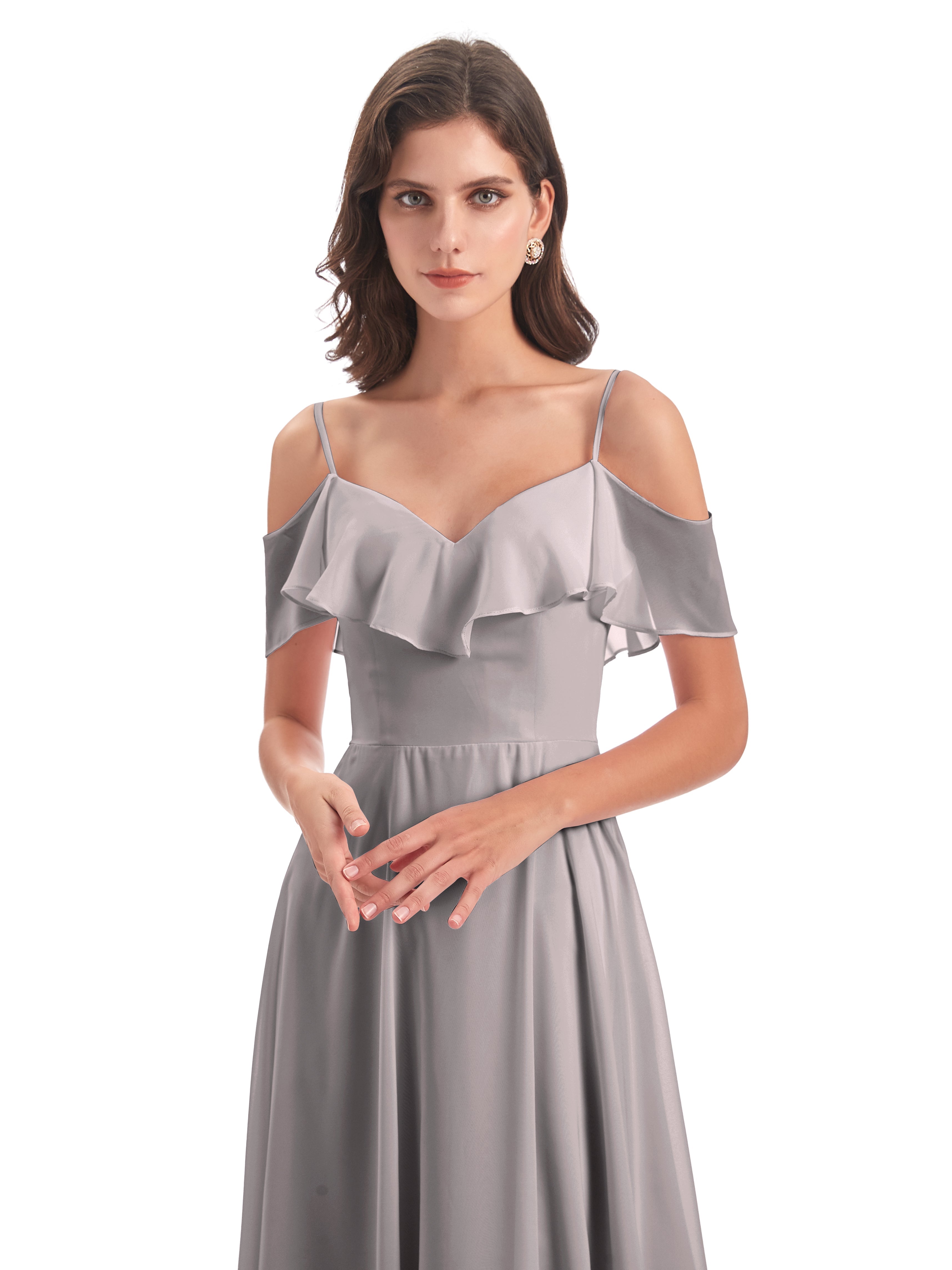 Robes De Demoiselle D'Honneur En Argent Trapèze Bretelles Spaghetti Longue Robes Demoiselle D'Honneur