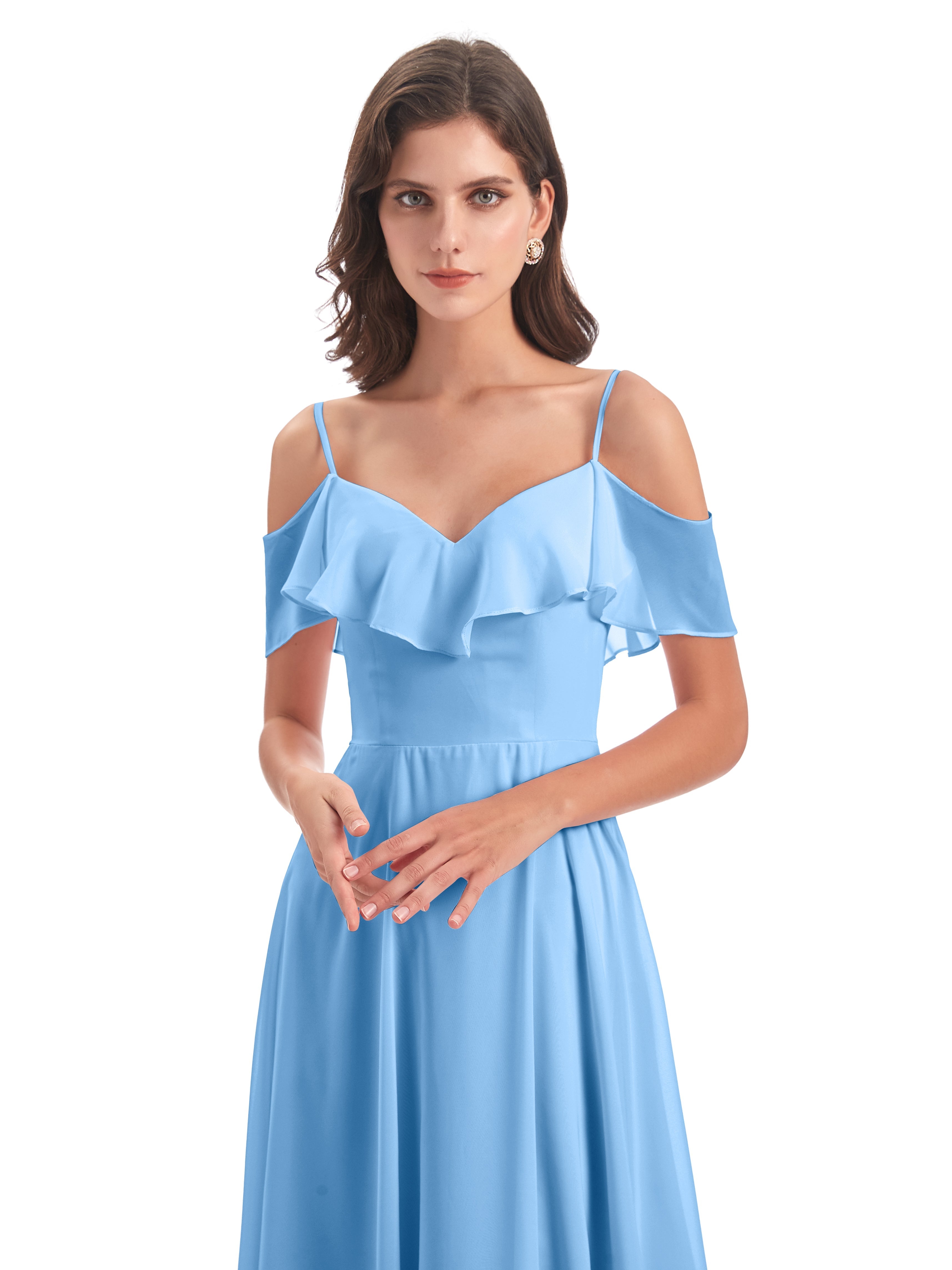 Robe Demoiselle D Honneur Bleu Trapèze Bretelles Spaghetti Longue Robes Demoiselle D'Honneur